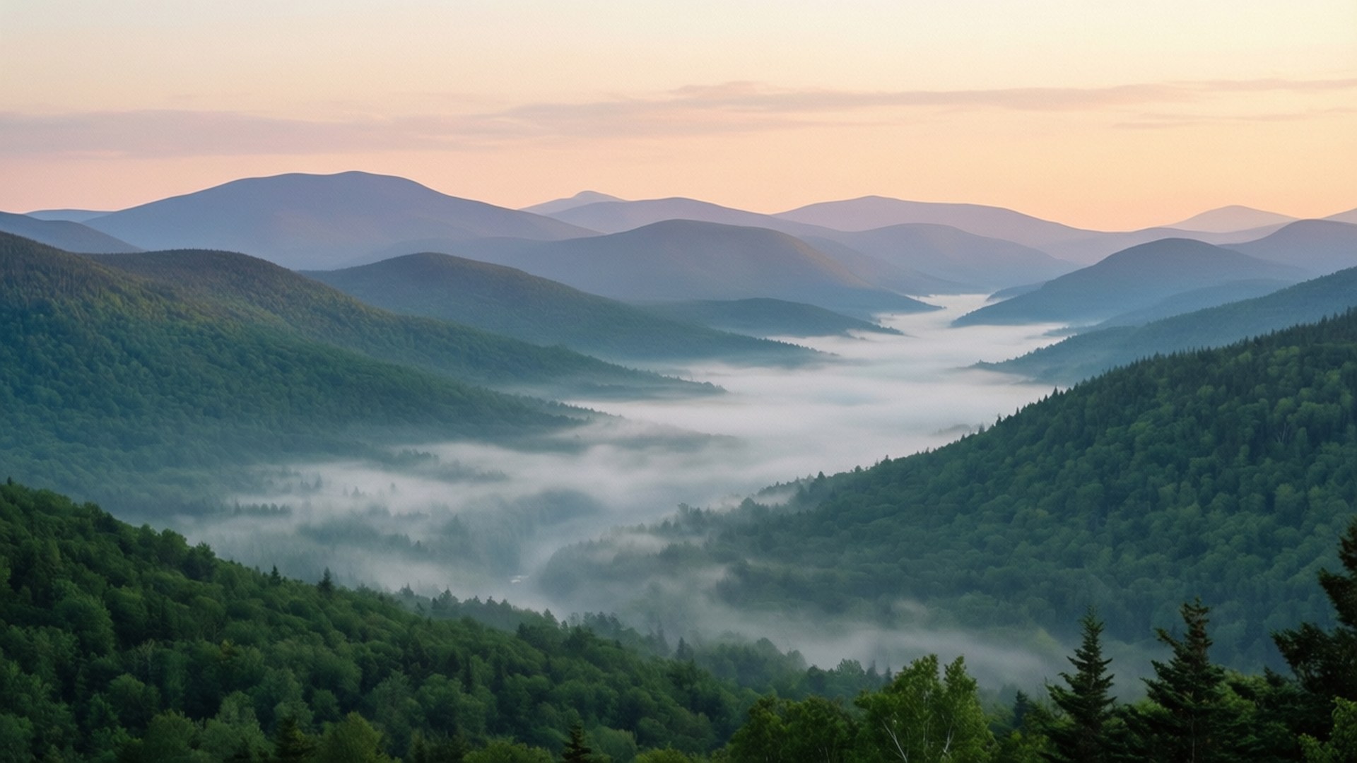 Misty Vermont Mountains, dawn, valley, Full HD Desktop Wallpaper
