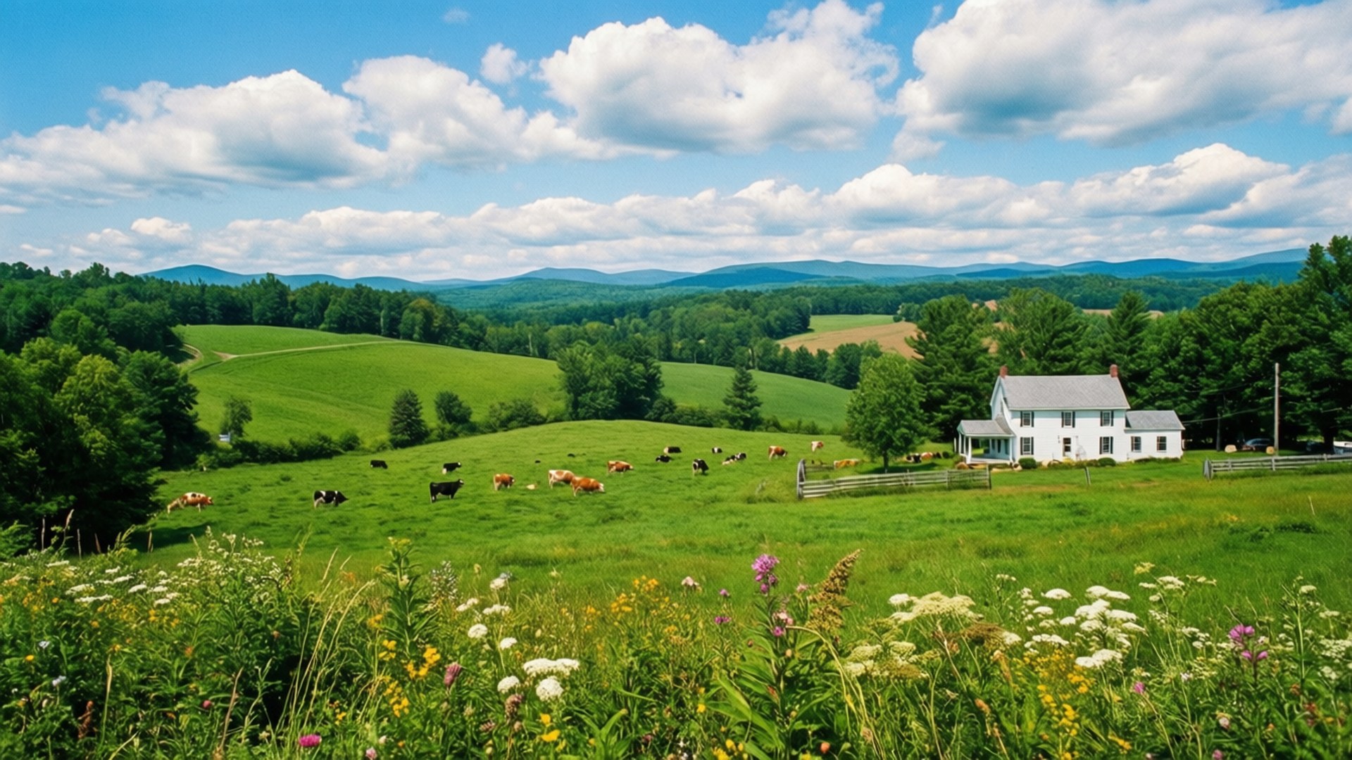 white farmhouse, vibrant green pasture, grazing cows, Full HD Desktop Wallpaper
