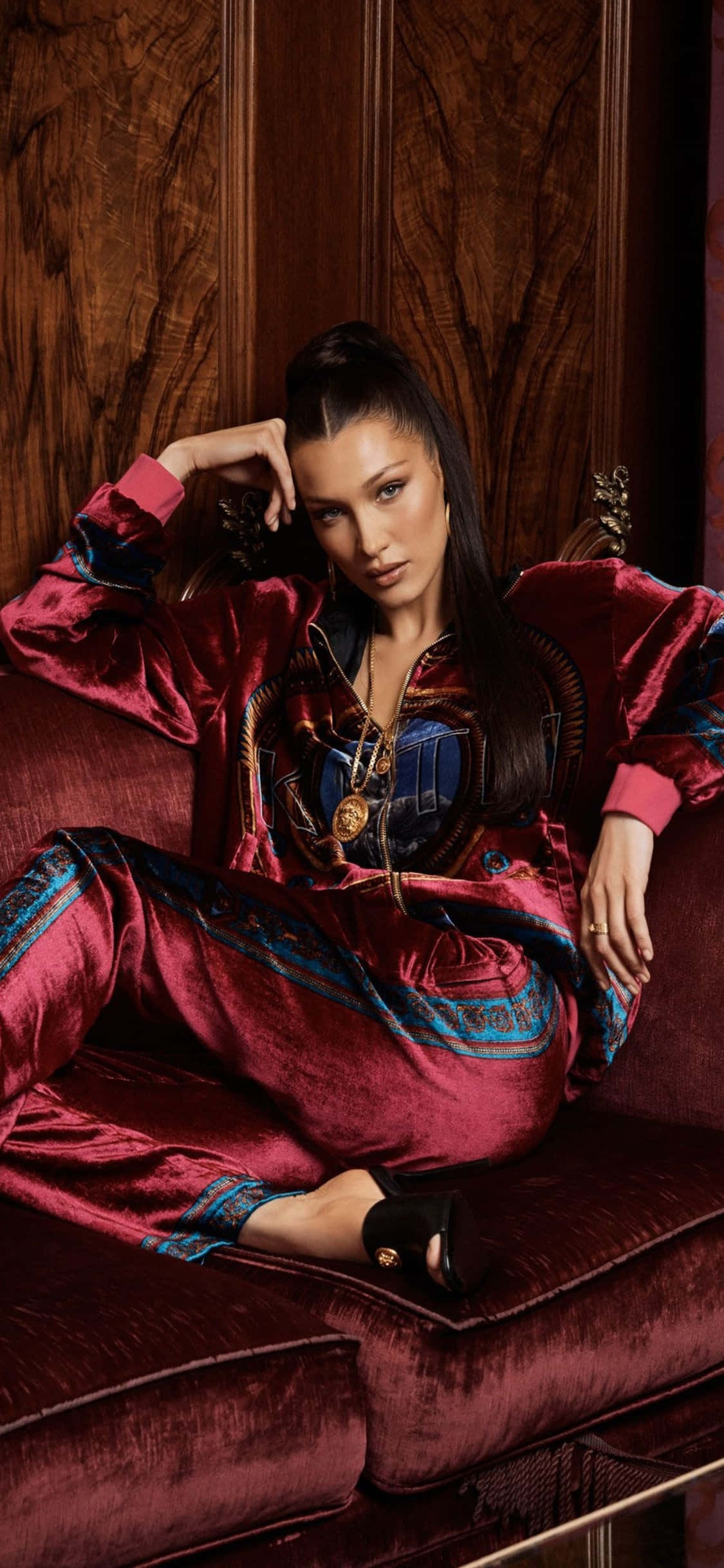 Versace, iPhone 11, red velvet jumpsuit, Full HD Phone Wallpaper