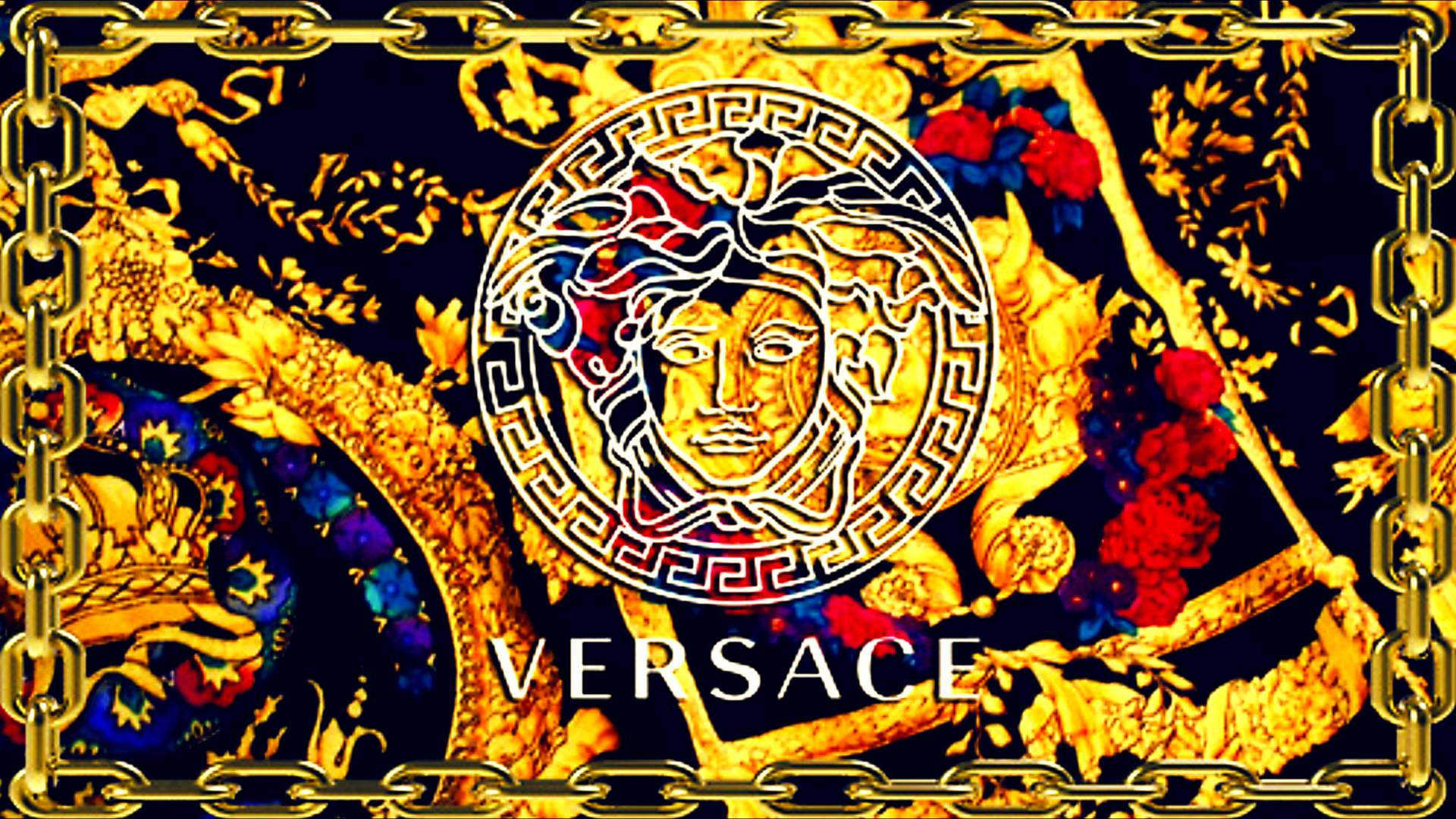 Versace Logo, golden Medusa head emblem, ornate chains, Full HD Desktop Wallpaper