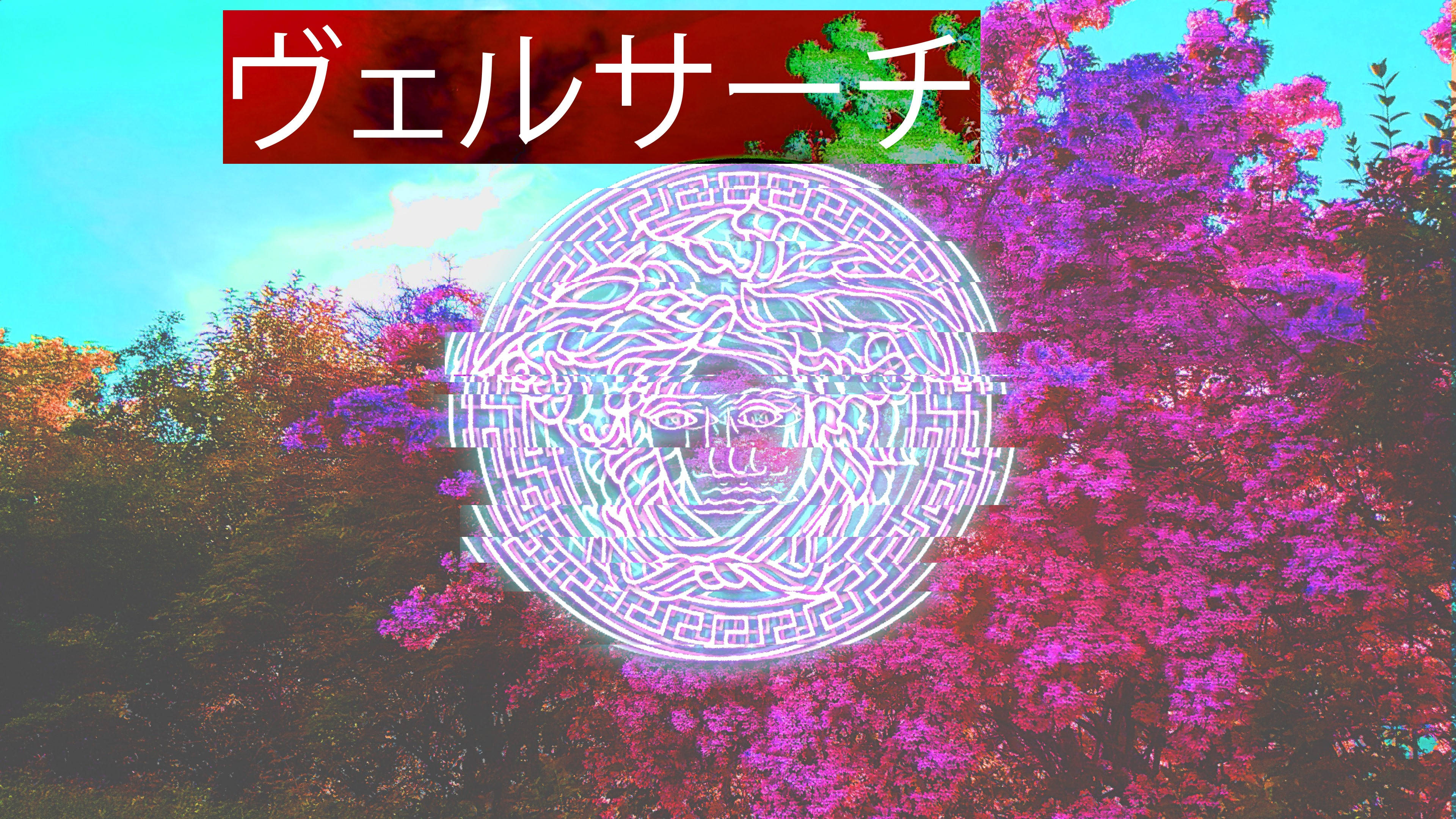 Versace Logo, glitch art, neon maze pattern, 4K Desktop Wallpaper