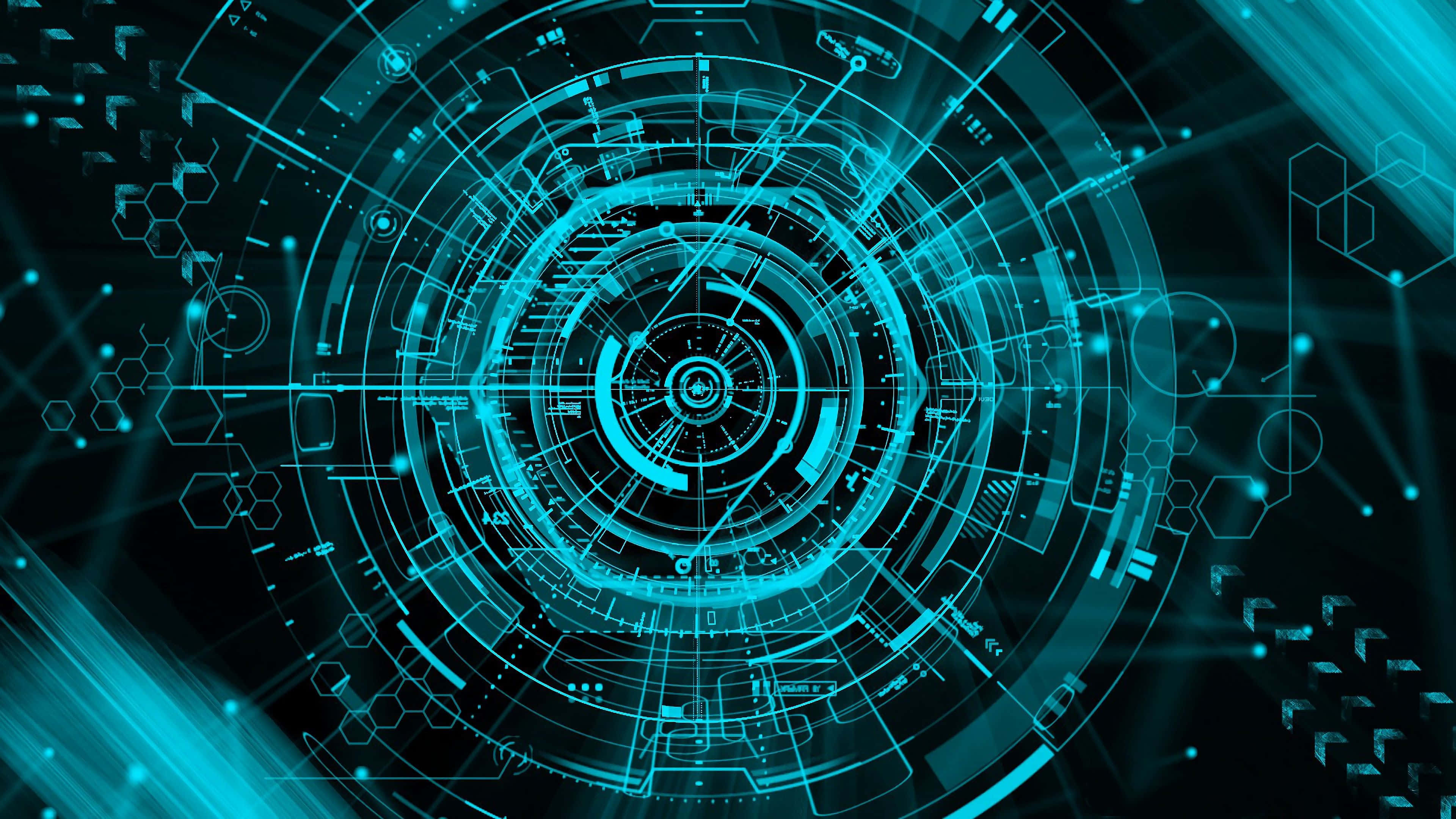 Advanced Round Monitor, glowing cyan, concentric rings, 4K Desktop Wallpaper