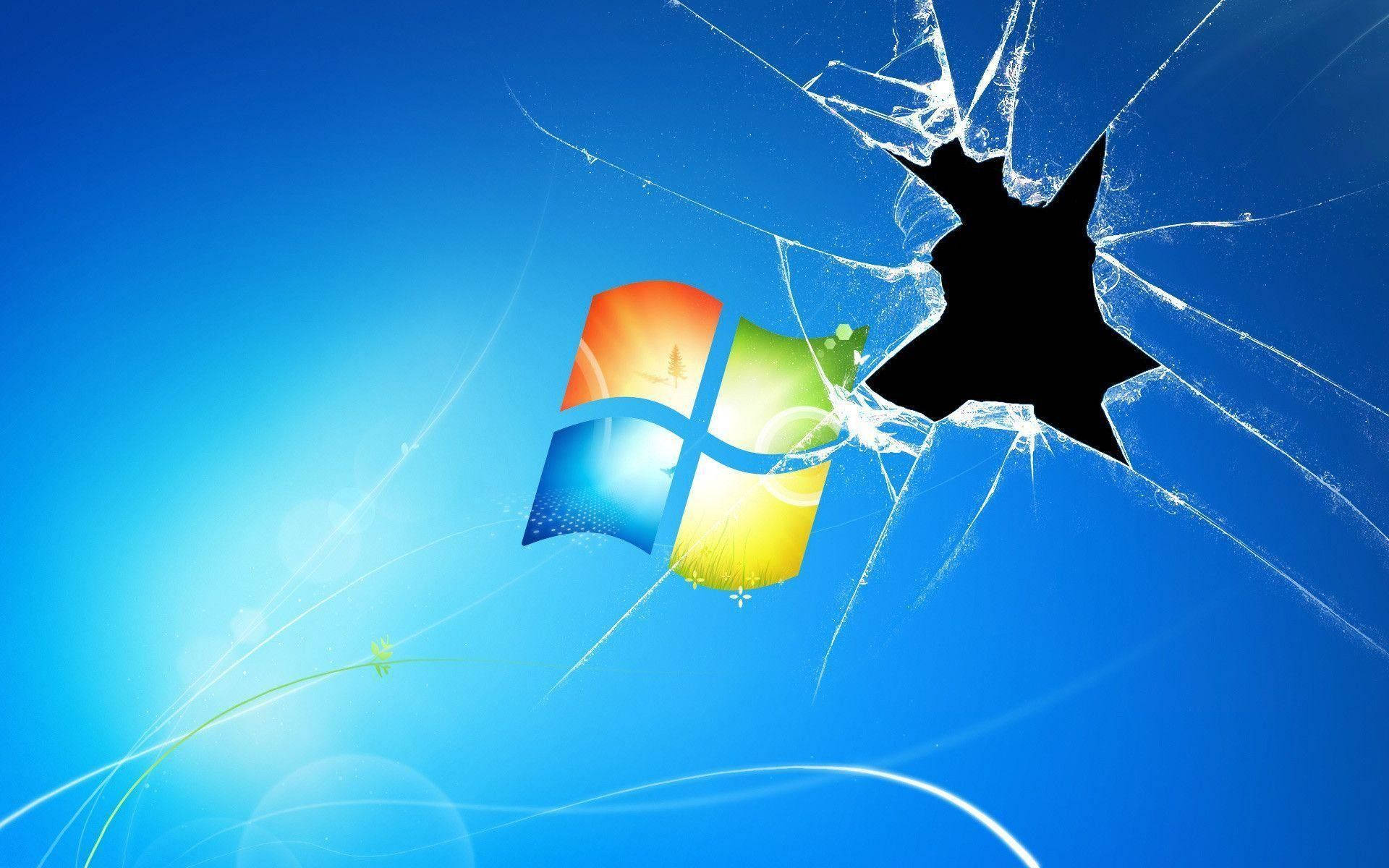 Windows logo, shattered glass effect, bright blue gradient background, Full HD Desktop Wallpaper