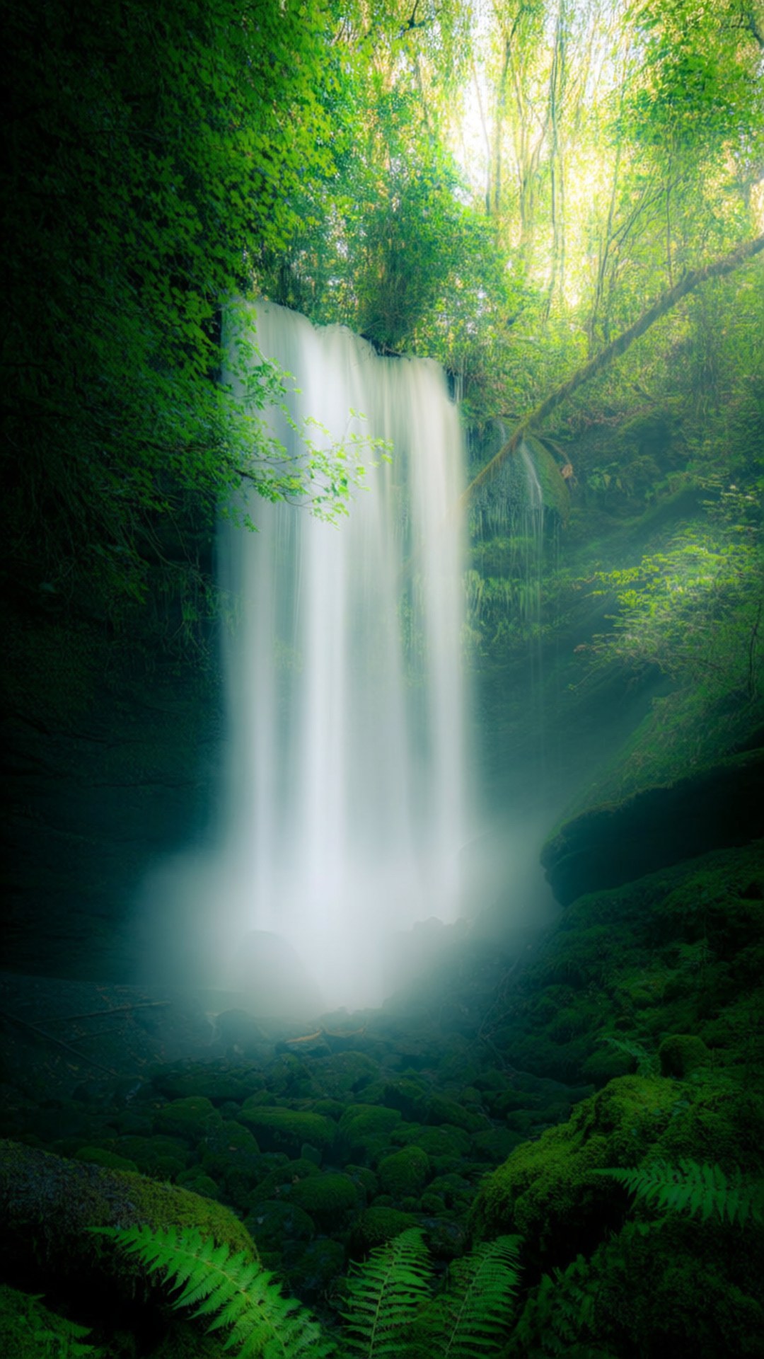 forest, waterfall, emerald forest, Full HD Phone Wallpaper