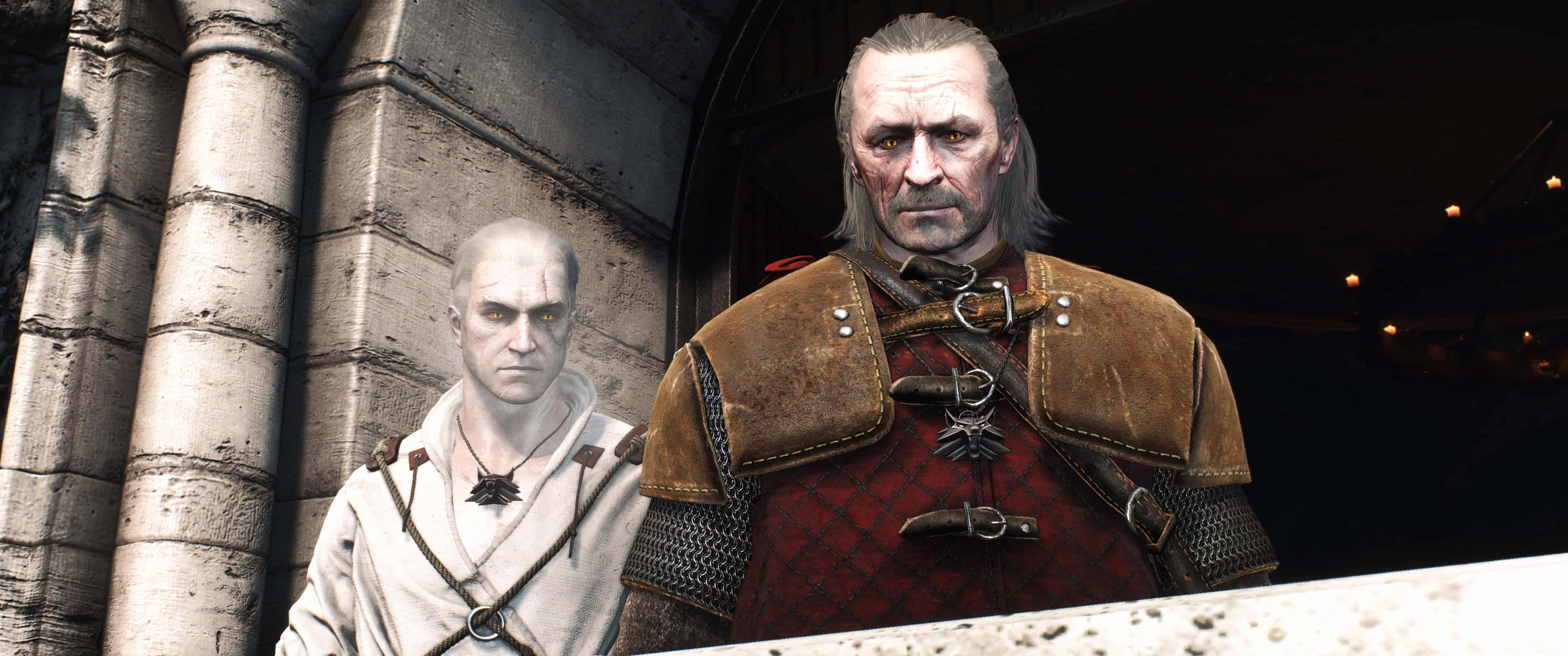 Vesemir, apprentice witcher, stone archway, 2K Desktop Wallpaper