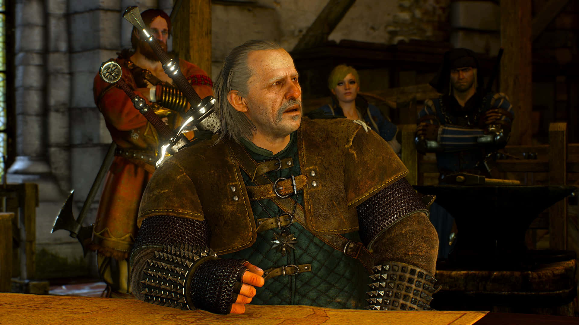 Vesemir, witcher, wooden table, Full HD Desktop Wallpaper