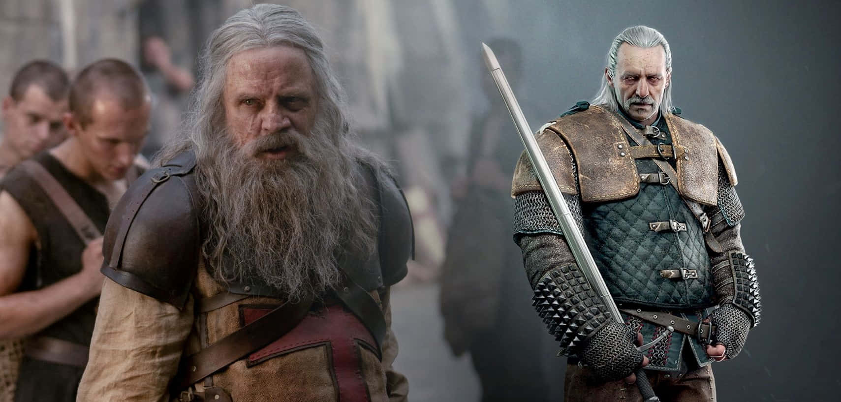 Vesemir, long gray beards, smoky battlefield, HD Desktop Wallpaper