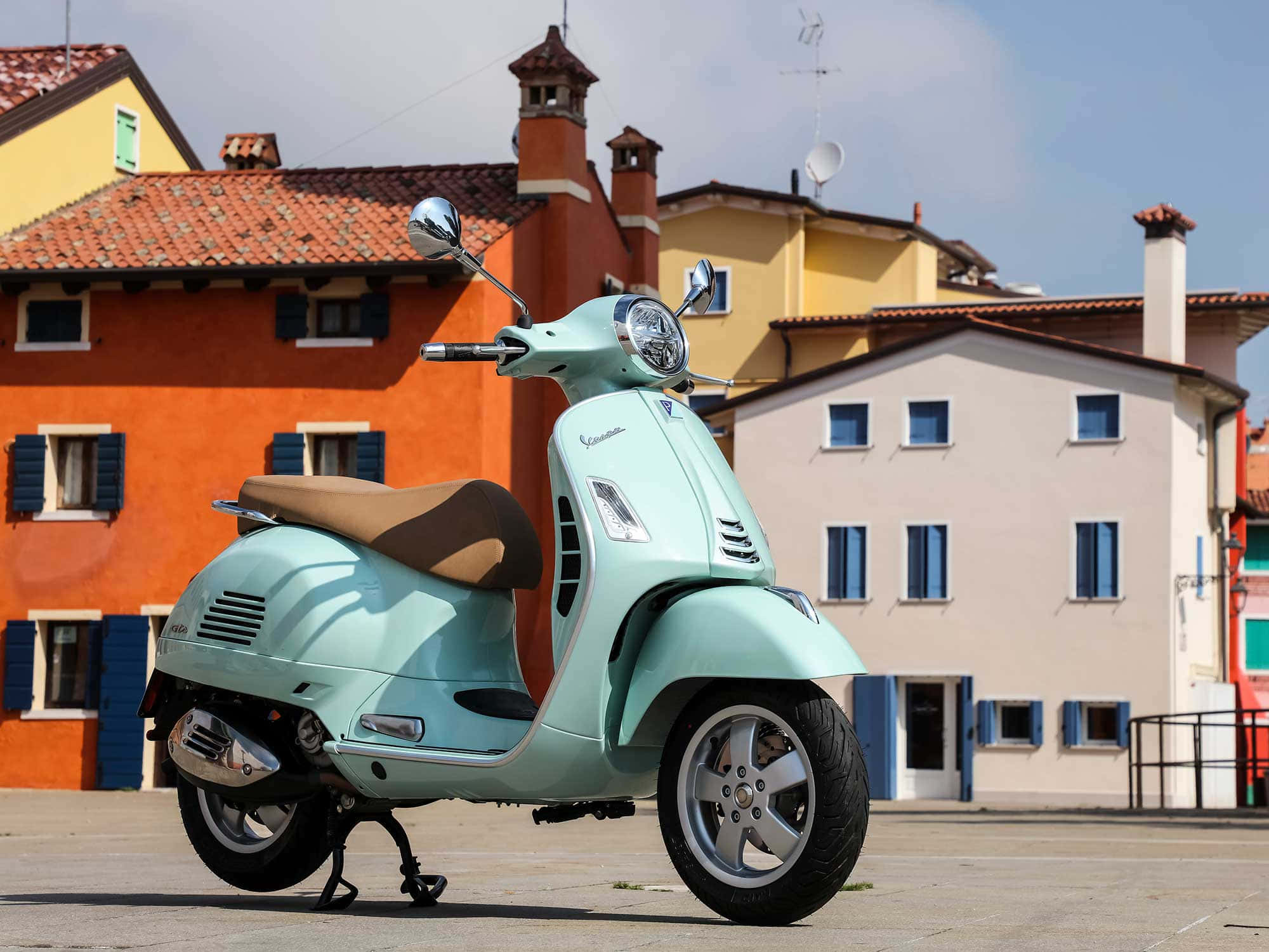 Vespa, mint green, city street, Full HD Desktop Wallpaper