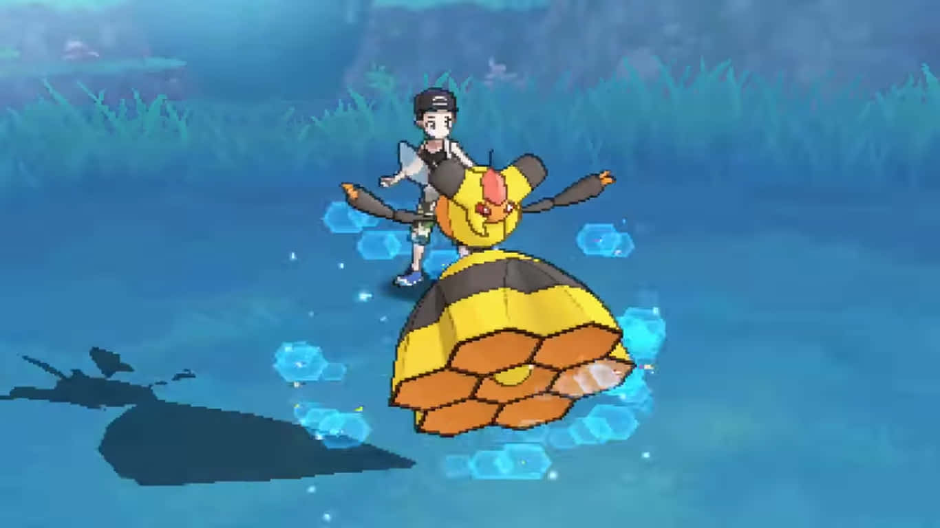 Vespiquen, blue backdrop, yellow and black bee-like Pokémon, HD Desktop Wallpaper