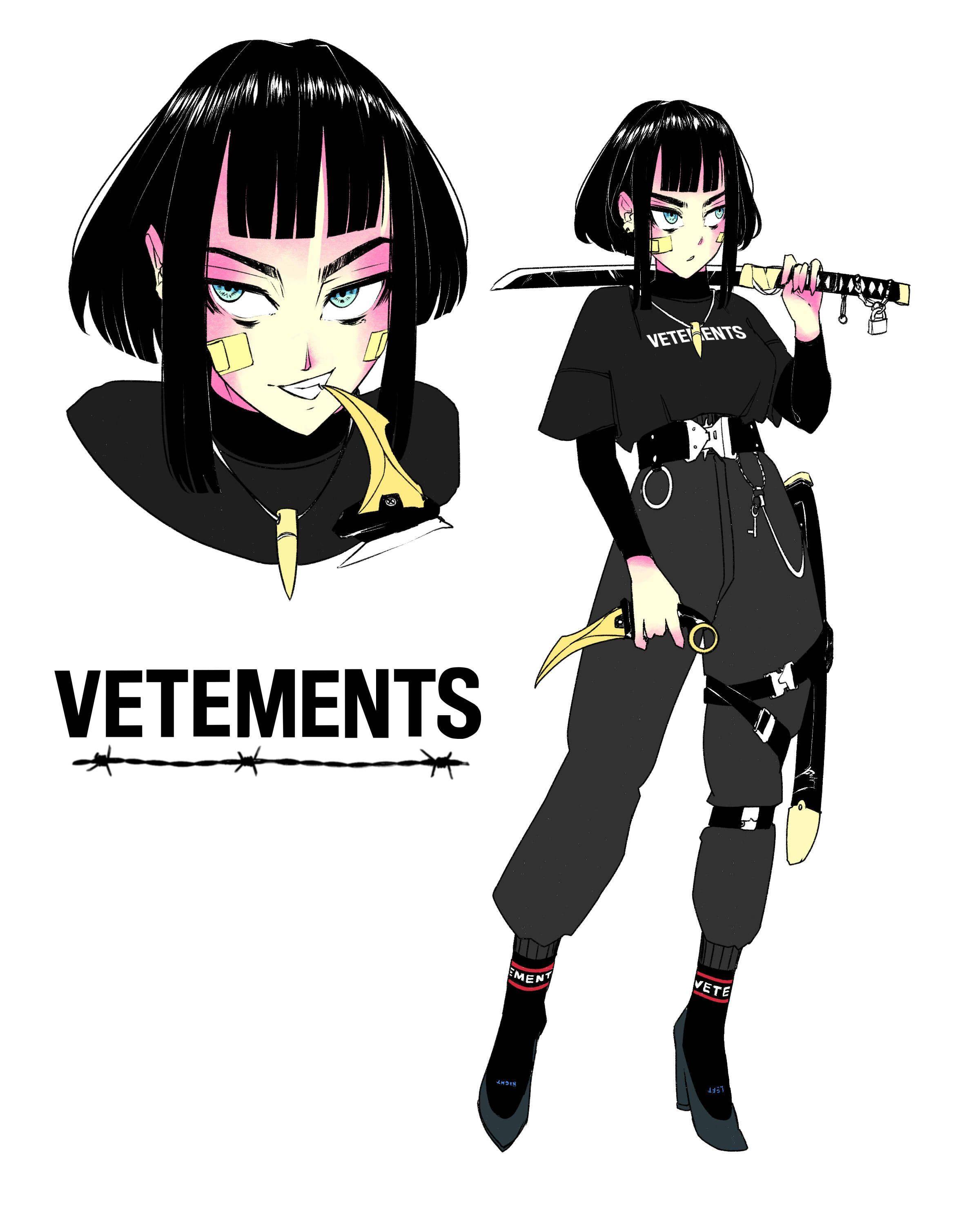 Vetements, anime girl, black bob haircut, 2K Phone Wallpaper