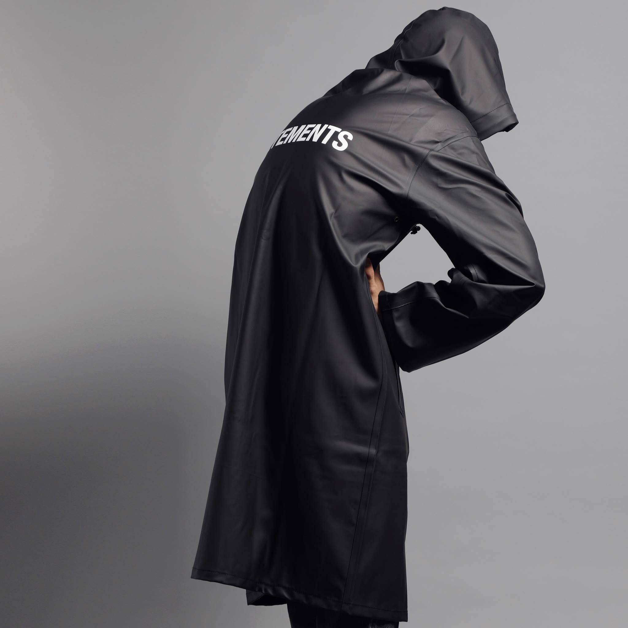 Vetements, black hooded raincoat, white text on the back, Full HD Desktop Wallpaper