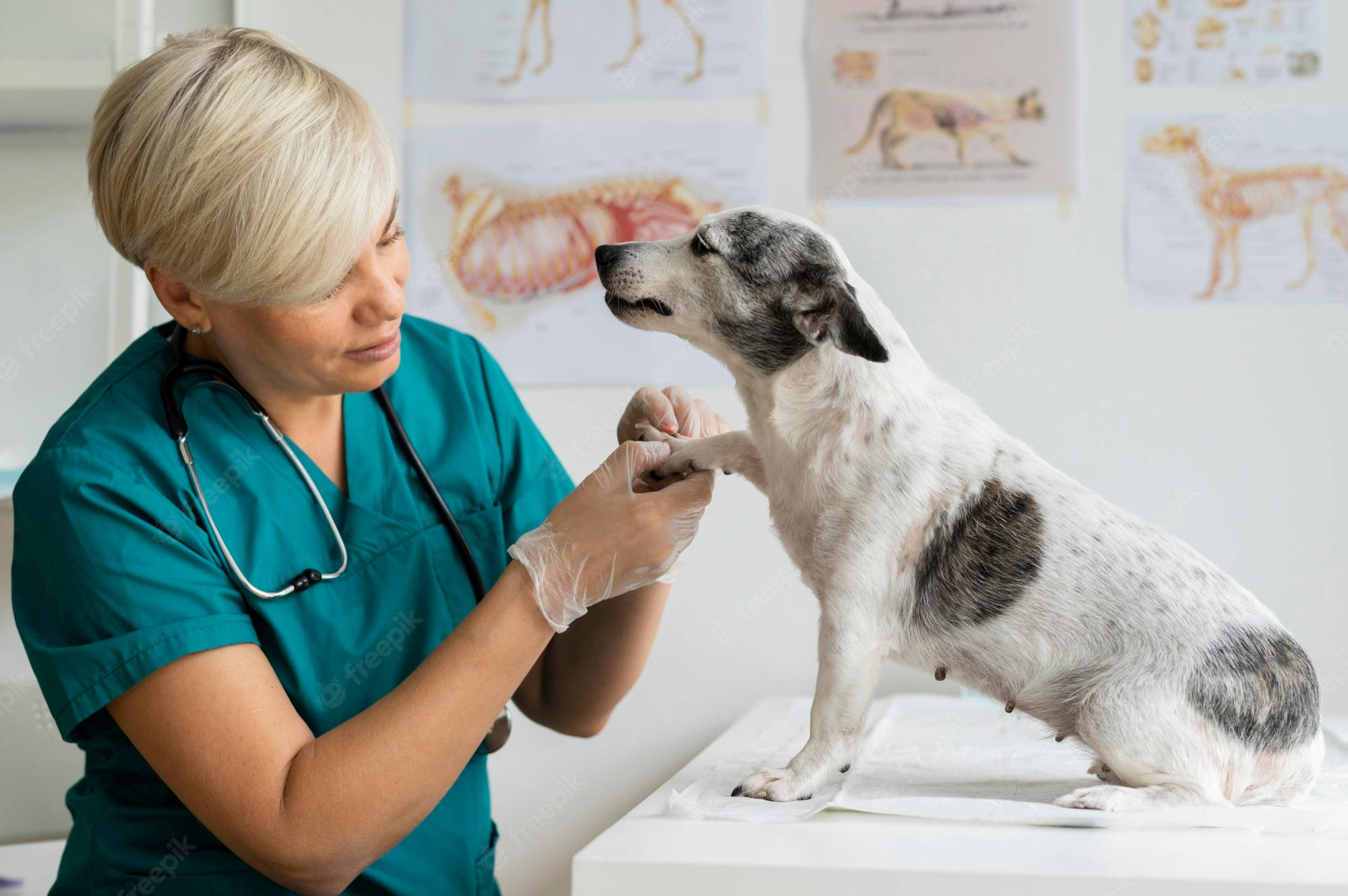 blonde veterinarian, teal scrubs, white and gray dog, Full HD Desktop Wallpaper