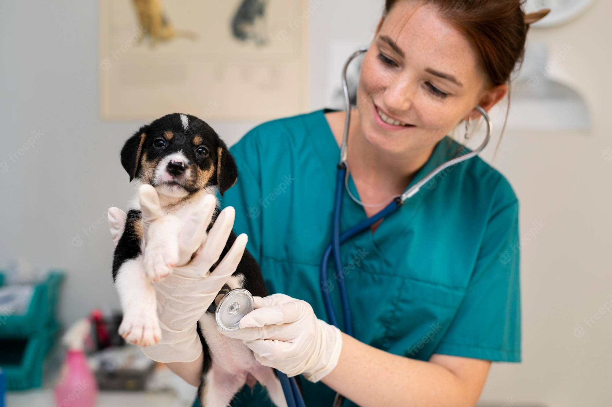 veterinarian, puppy rottweiler, teal scrubs, Full HD Desktop Wallpaper
