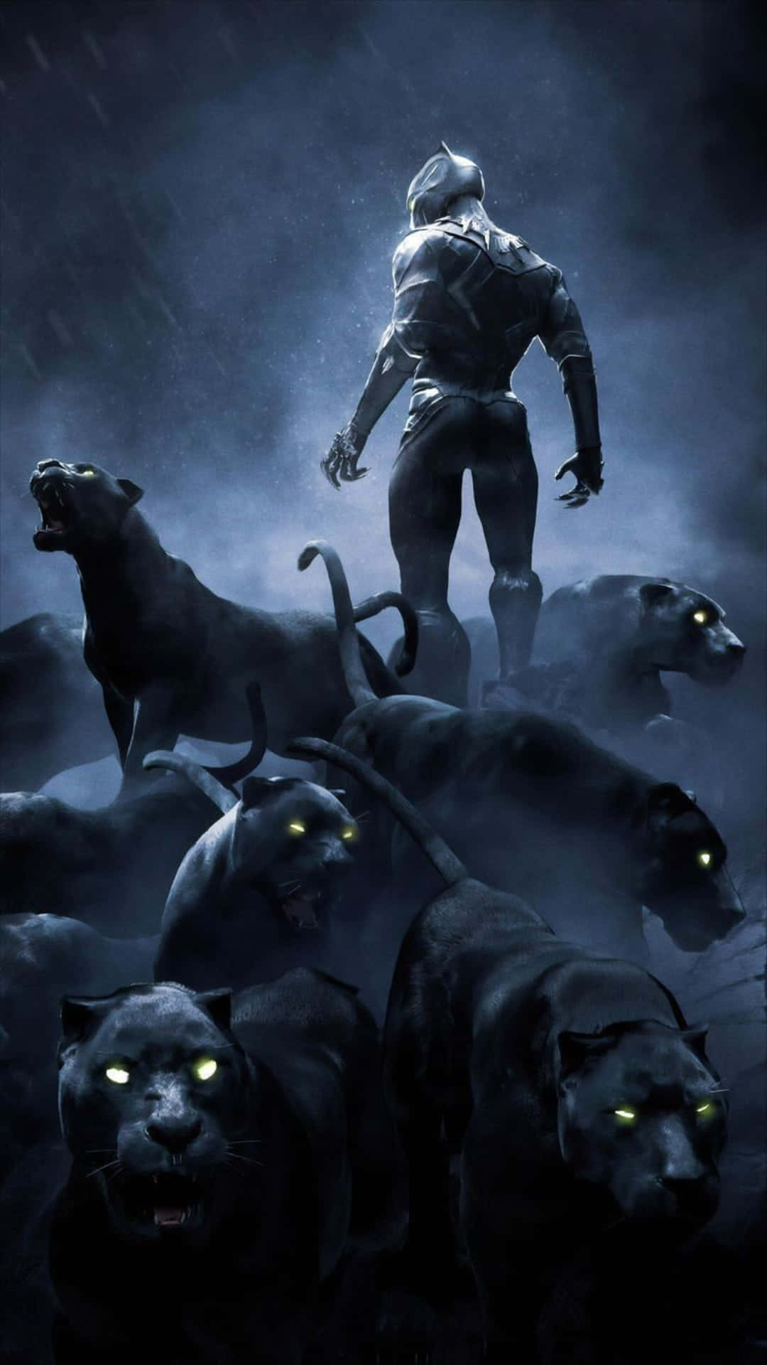 Vibranium, glowing-eyed black panthers, stormy, Full HD Phone Wallpaper