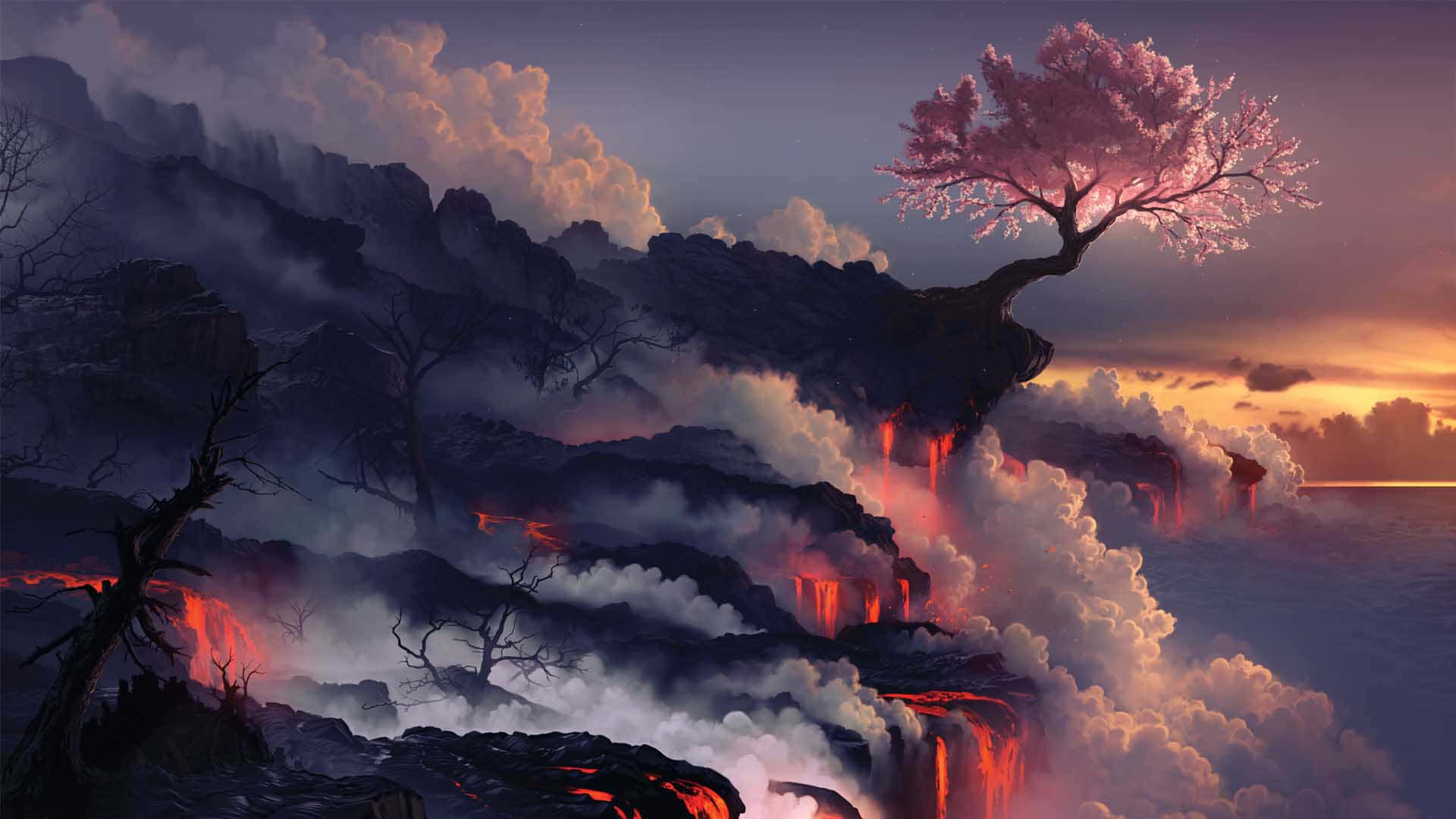 Vibrant Super Amoled, cherry blossom tree, volcanic cliff, Full HD Desktop Wallpaper