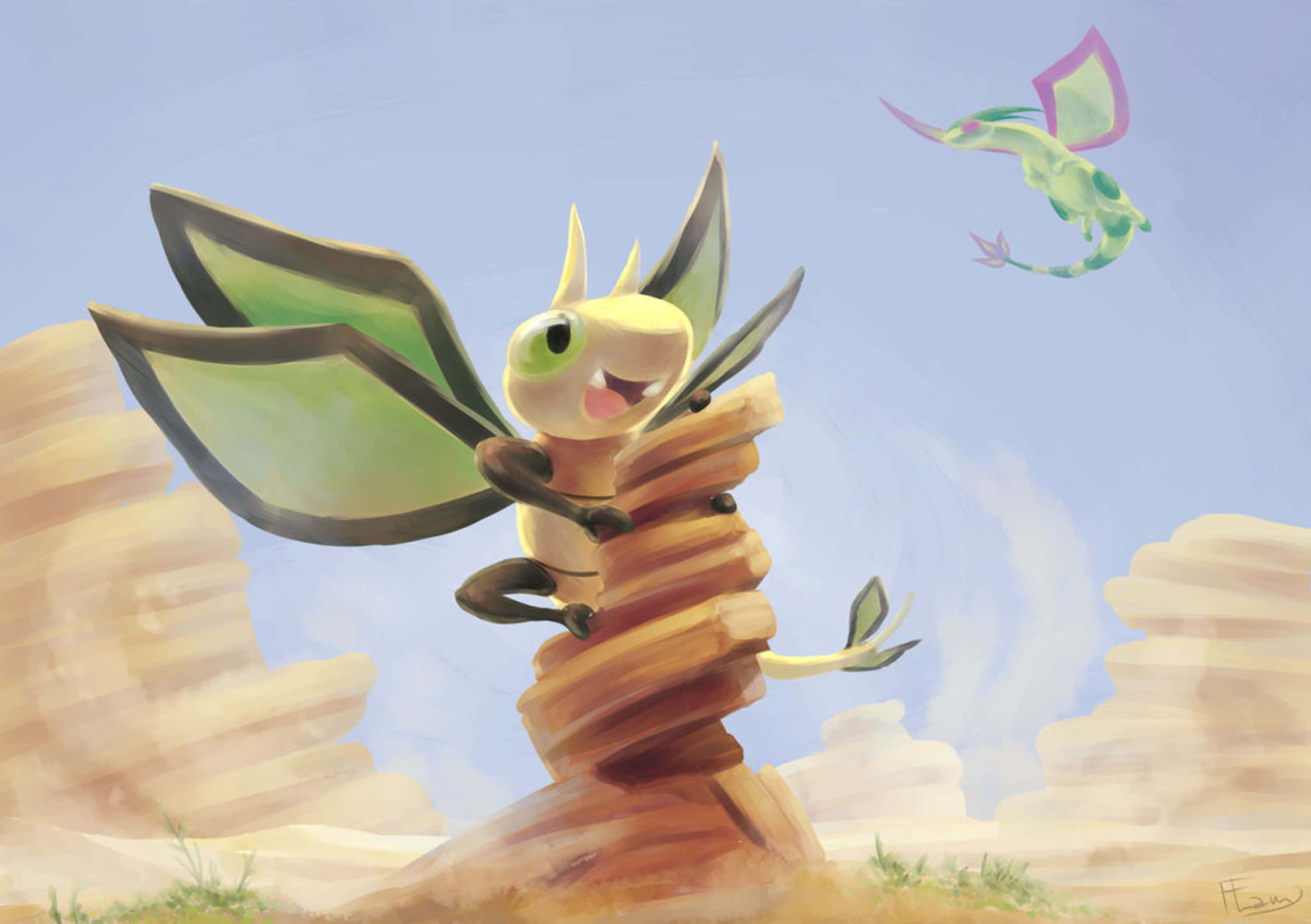 Vibrava, rock structure, green wings, 2K Desktop Wallpaper