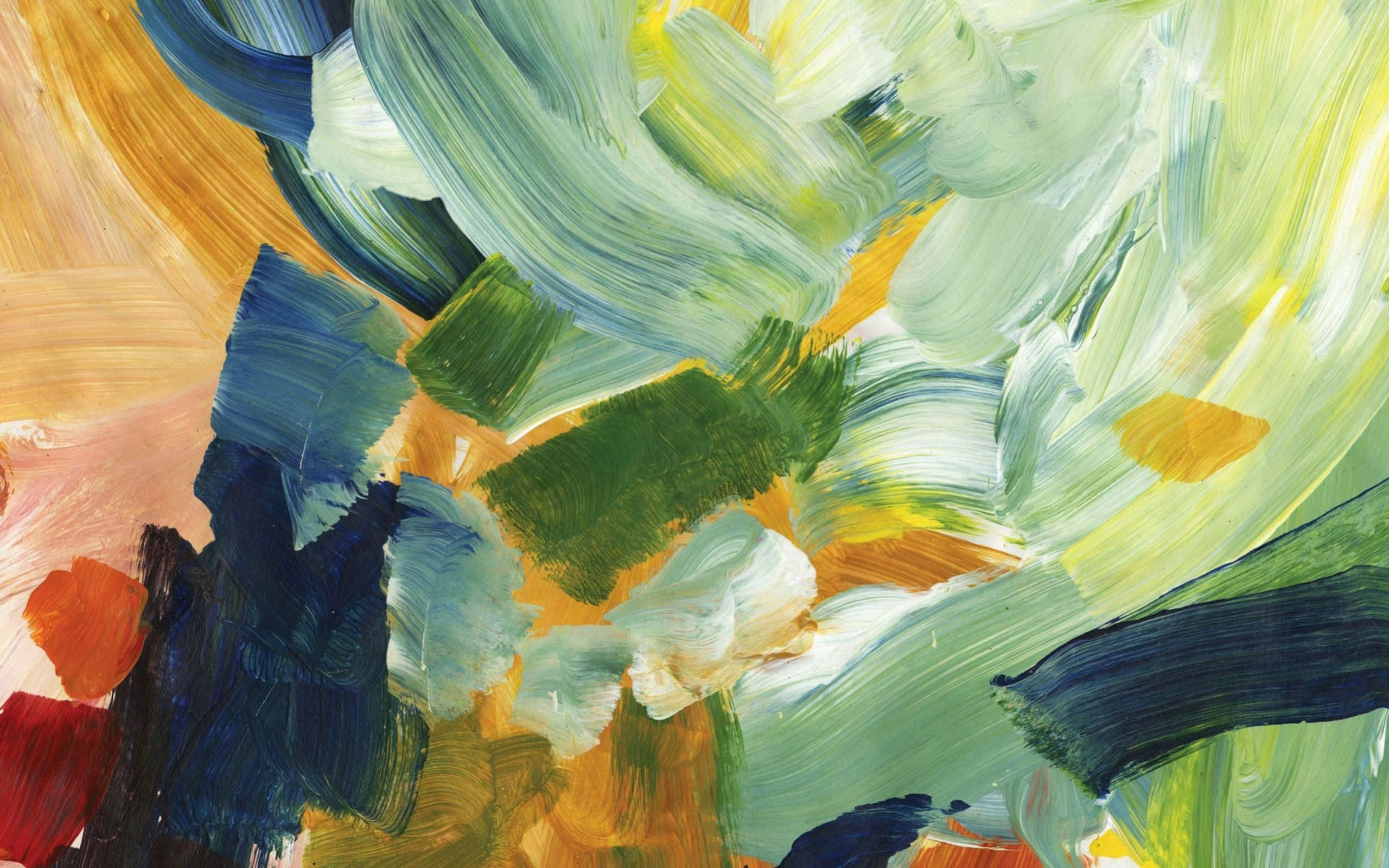 Vibrant Yellow Painting Artwork, abstract brushstrokes, bold greens blues yellows and reds, 2K Desktop Wallpaper