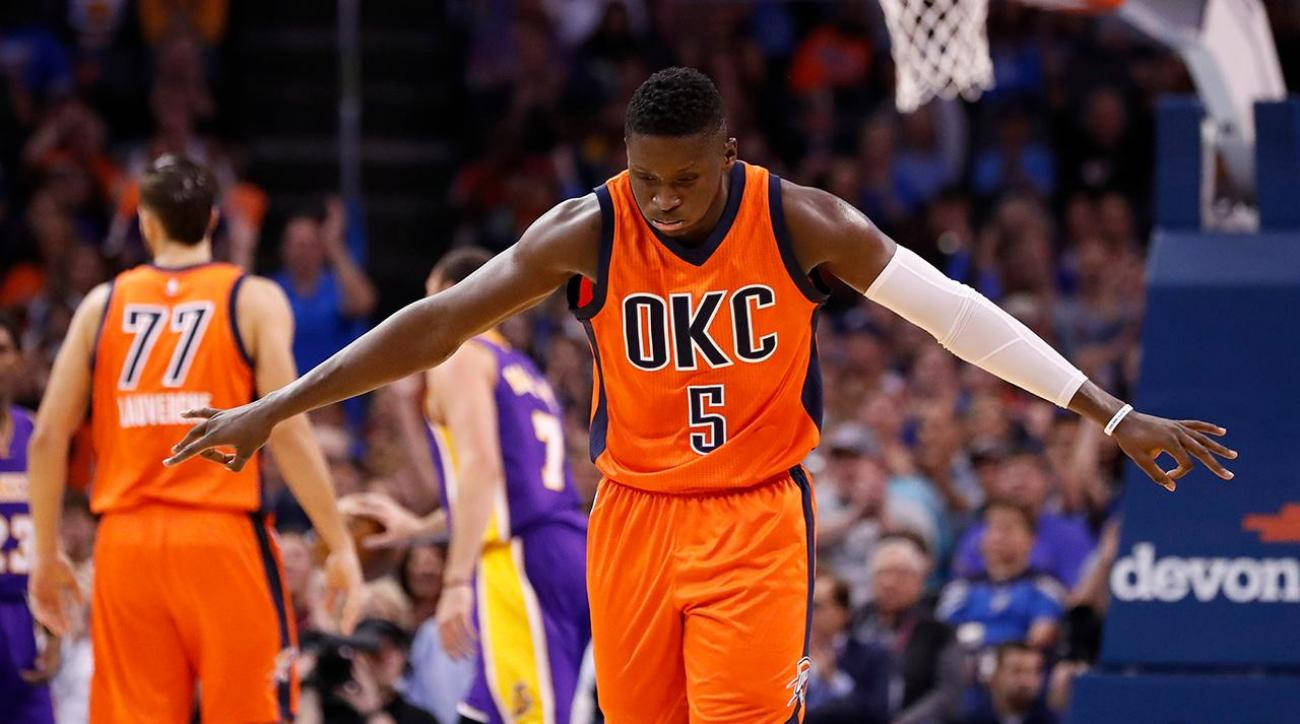 Victor Oladipo, orange OKC jersey, basketball player, HD Desktop Wallpaper