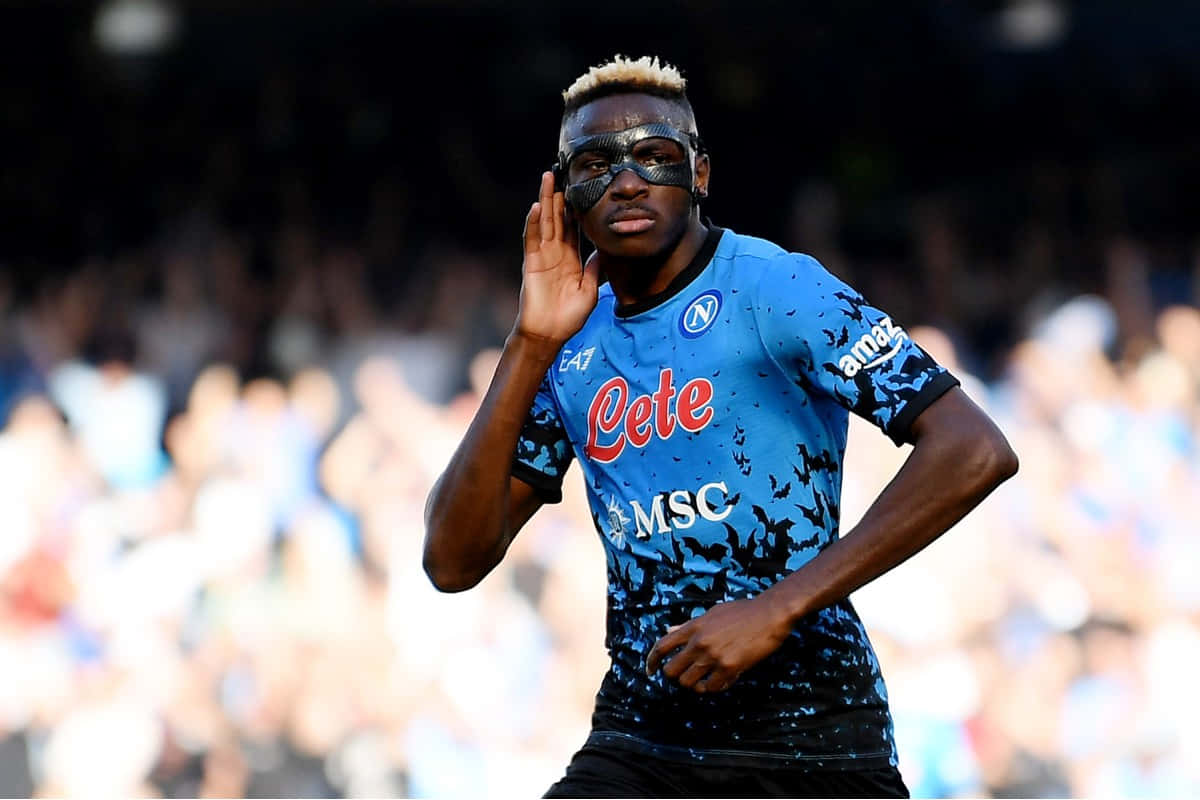Victor Osimhen, blue Napoli jersey, black splatter pattern, SD Desktop Wallpaper