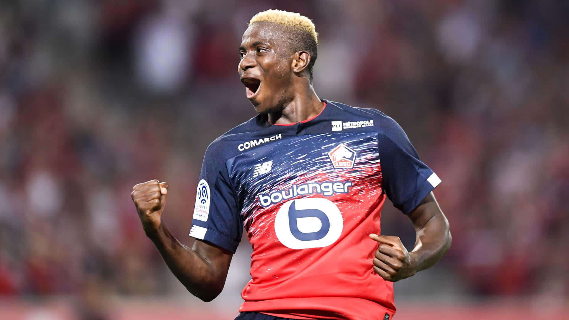 Victor Osimhen, red and blue jersey, raised fist, Full HD Desktop Wallpaper