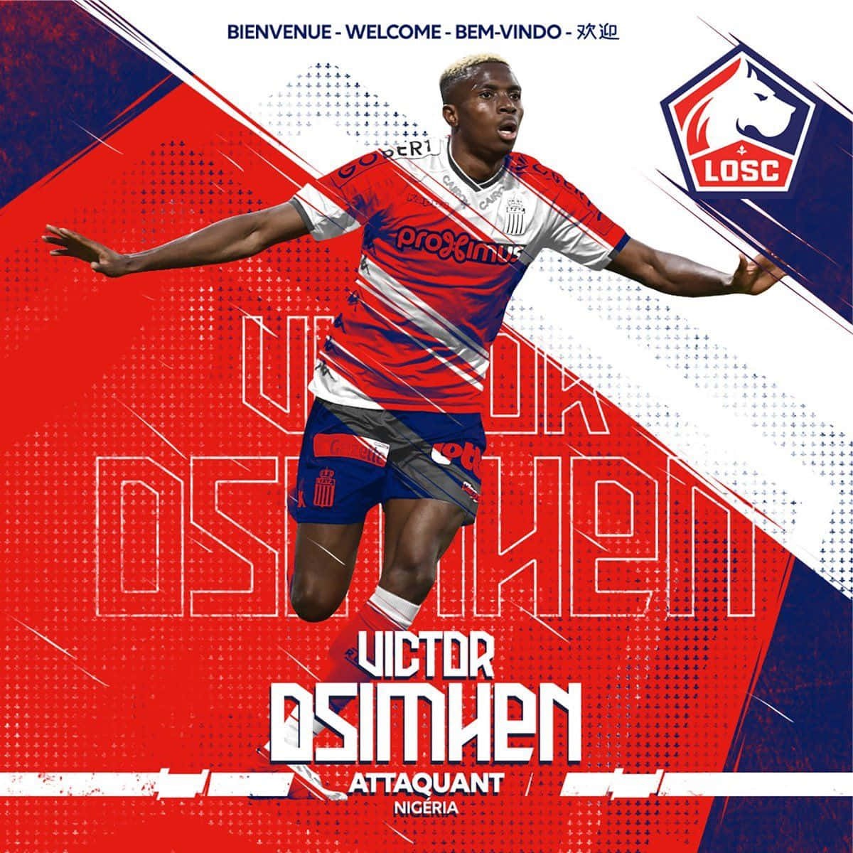 Victor Osimhen, red and blue kit, bold red and white geometric background, SD Desktop Wallpaper