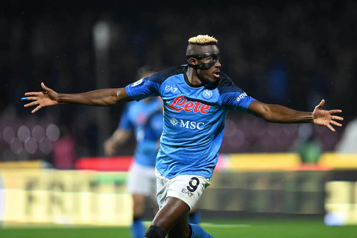 Victor Osimhen, blue Napoli jersey, stadium lights, SD Desktop Wallpaper