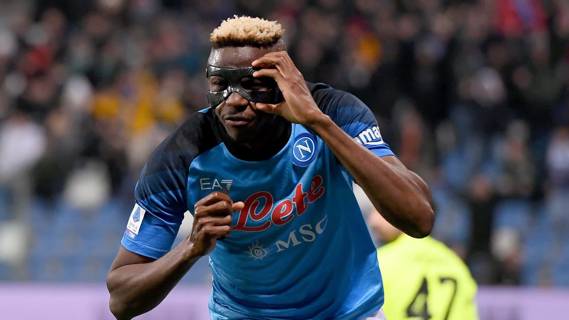 Victor Osimhen, blue Napoli jersey, black eye mask, Full HD Desktop Wallpaper
