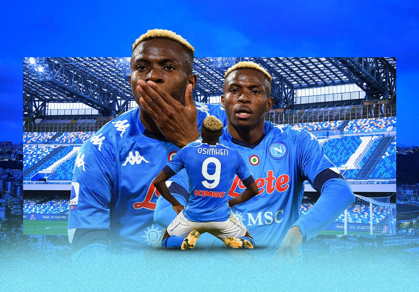 Victor Osimhen, blue Napoli jersey, stadium pitch, HD Desktop Wallpaper