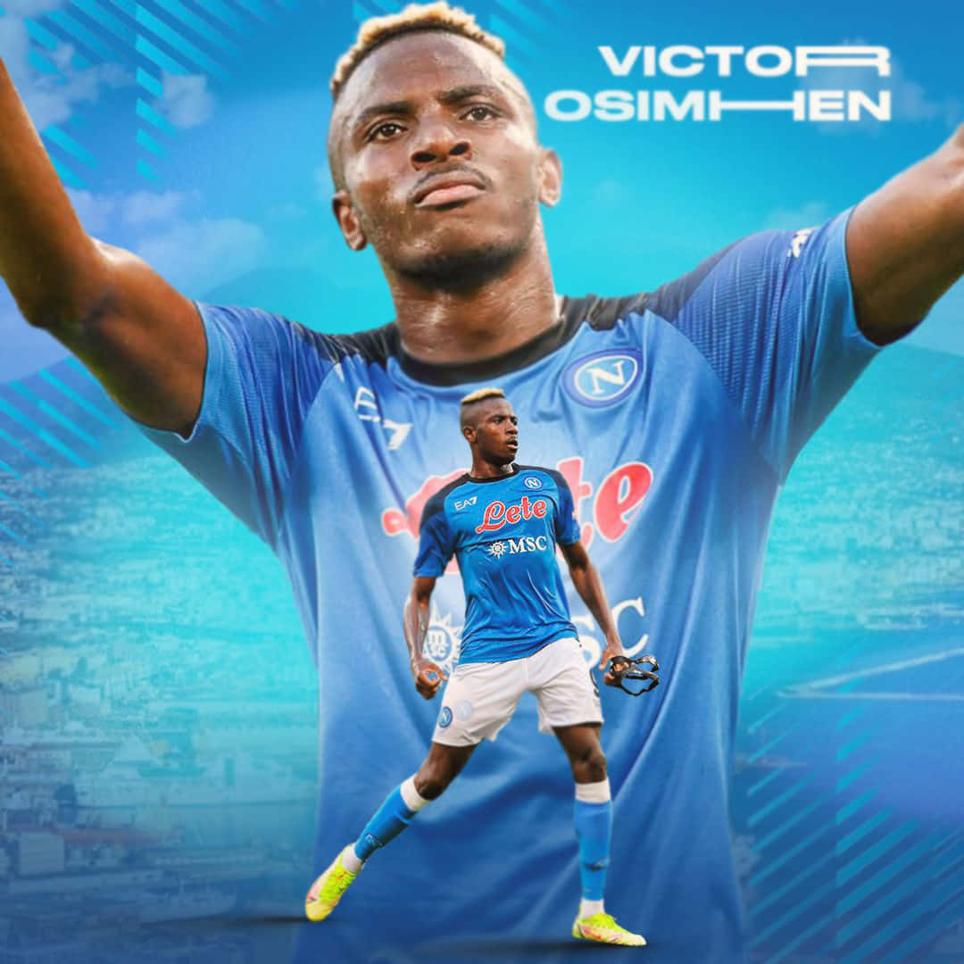 Victor Osimhen, blue Napoli jersey, vibrant blue gradient background, SD Desktop Wallpaper