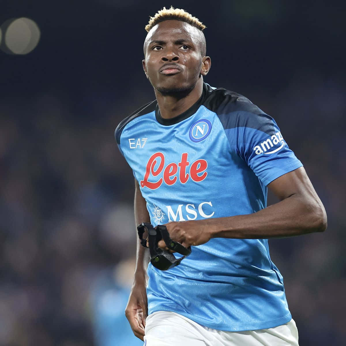 Victor Osimhen, blue Napoli jersey, gloves, SD Desktop Wallpaper