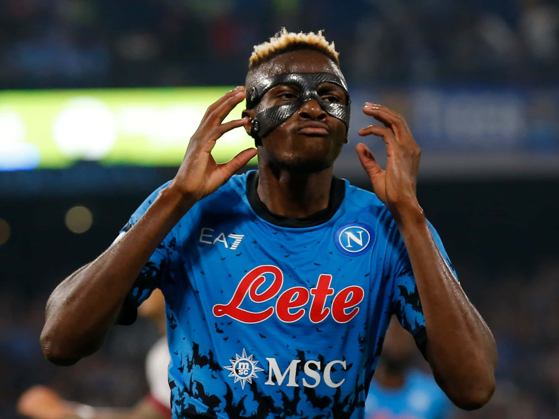 Victor Osimhen, blue Napoli jersey, carbon fiber eye mask, Full HD Desktop Wallpaper