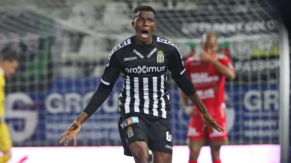 Victor Osimhen, black and white striped jersey, stadium lights, SD Desktop Wallpaper