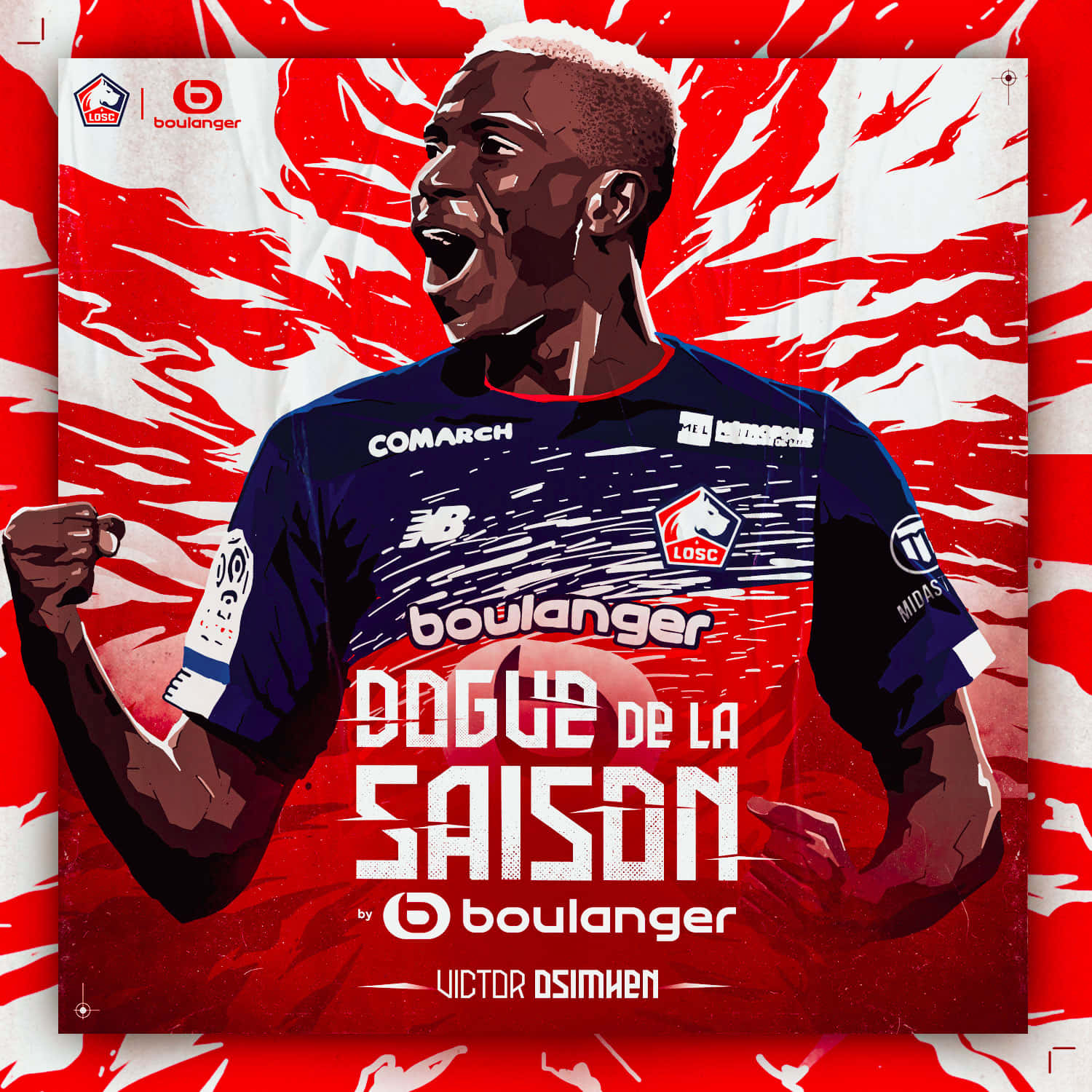 Victor Osimhen, blue Lille jersey, fiery red and white background, HD Desktop Wallpaper