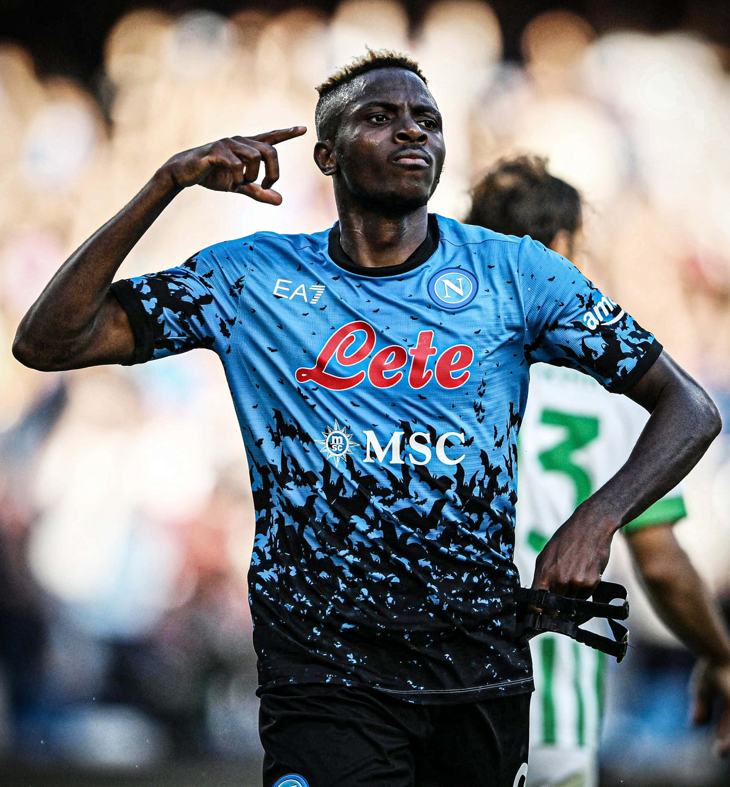 Victor Osimhen, blue Napoli jersey, stadium crowd, 2K Phone Wallpaper