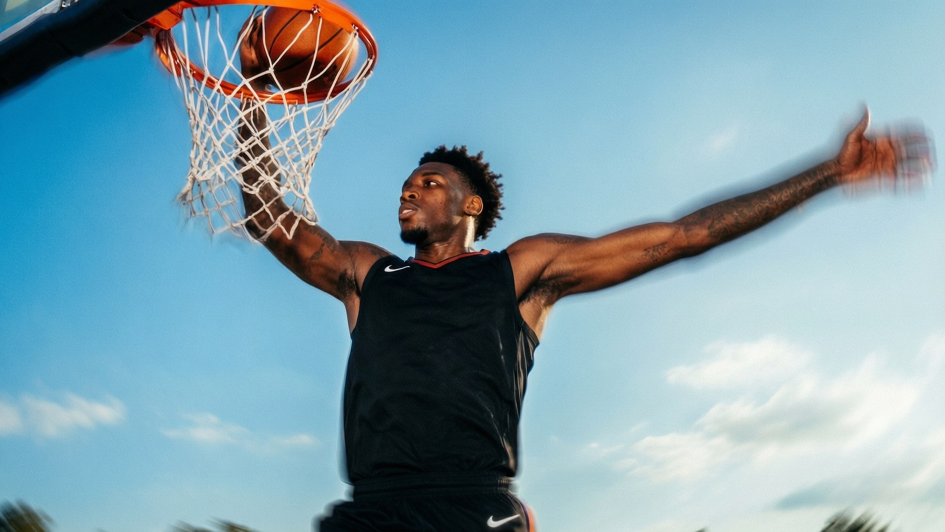 Victor Wembanyama, sky background, motion blur, Full HD Desktop Wallpaper
