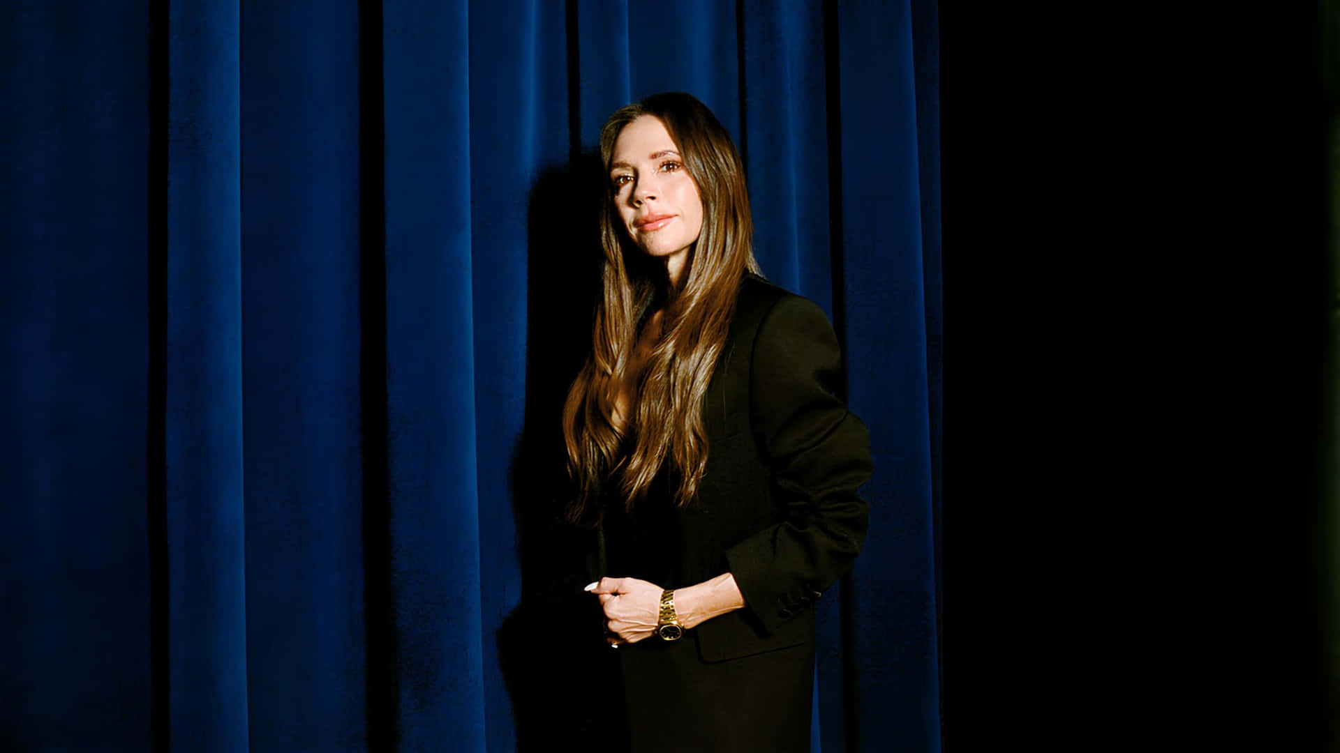 Victoria Beckham, black blazer, rich blue velvet curtain, Full HD Desktop Wallpaper