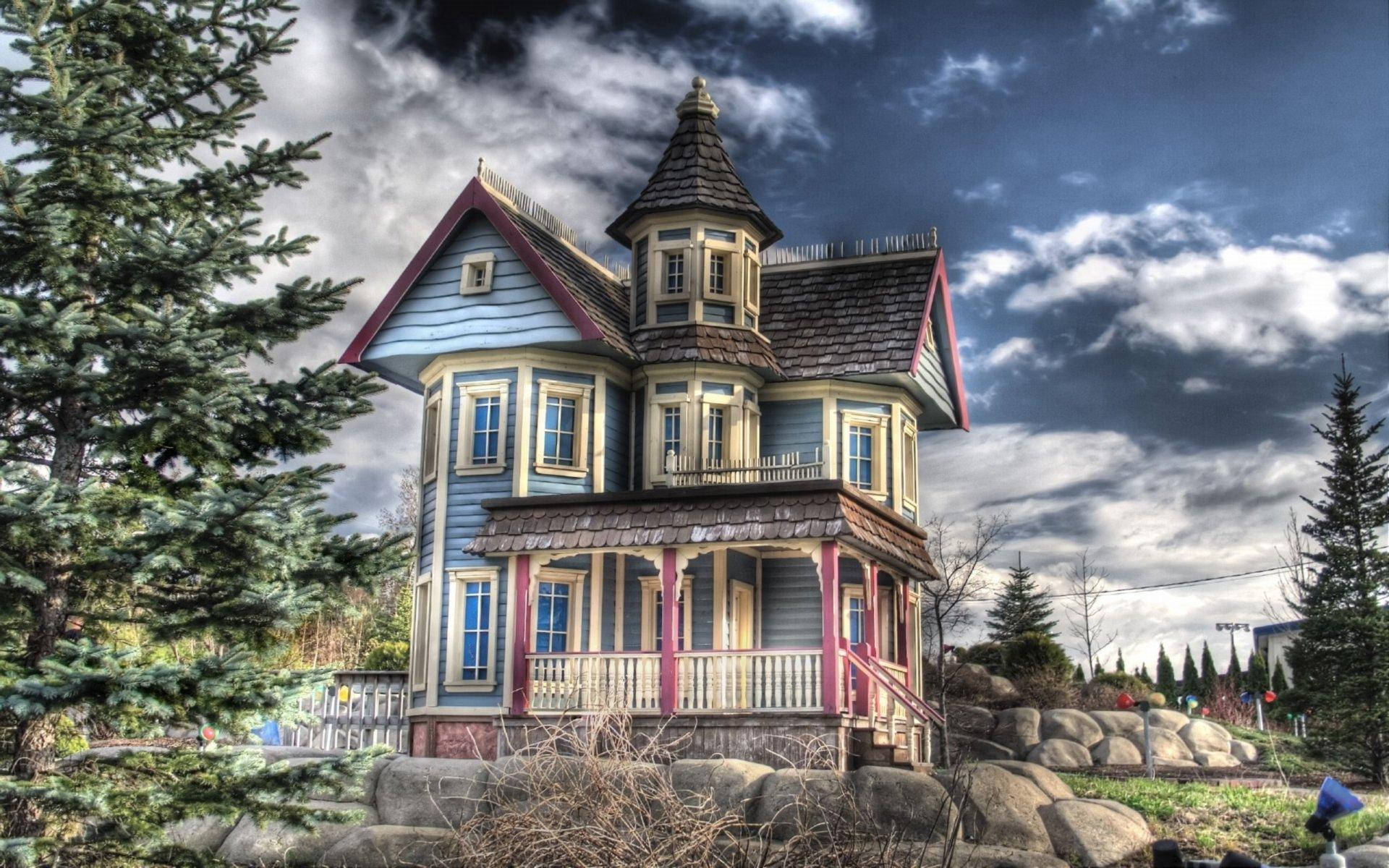 Victorian-style house, vibrant blue, red trim, Full HD Desktop Wallpaper