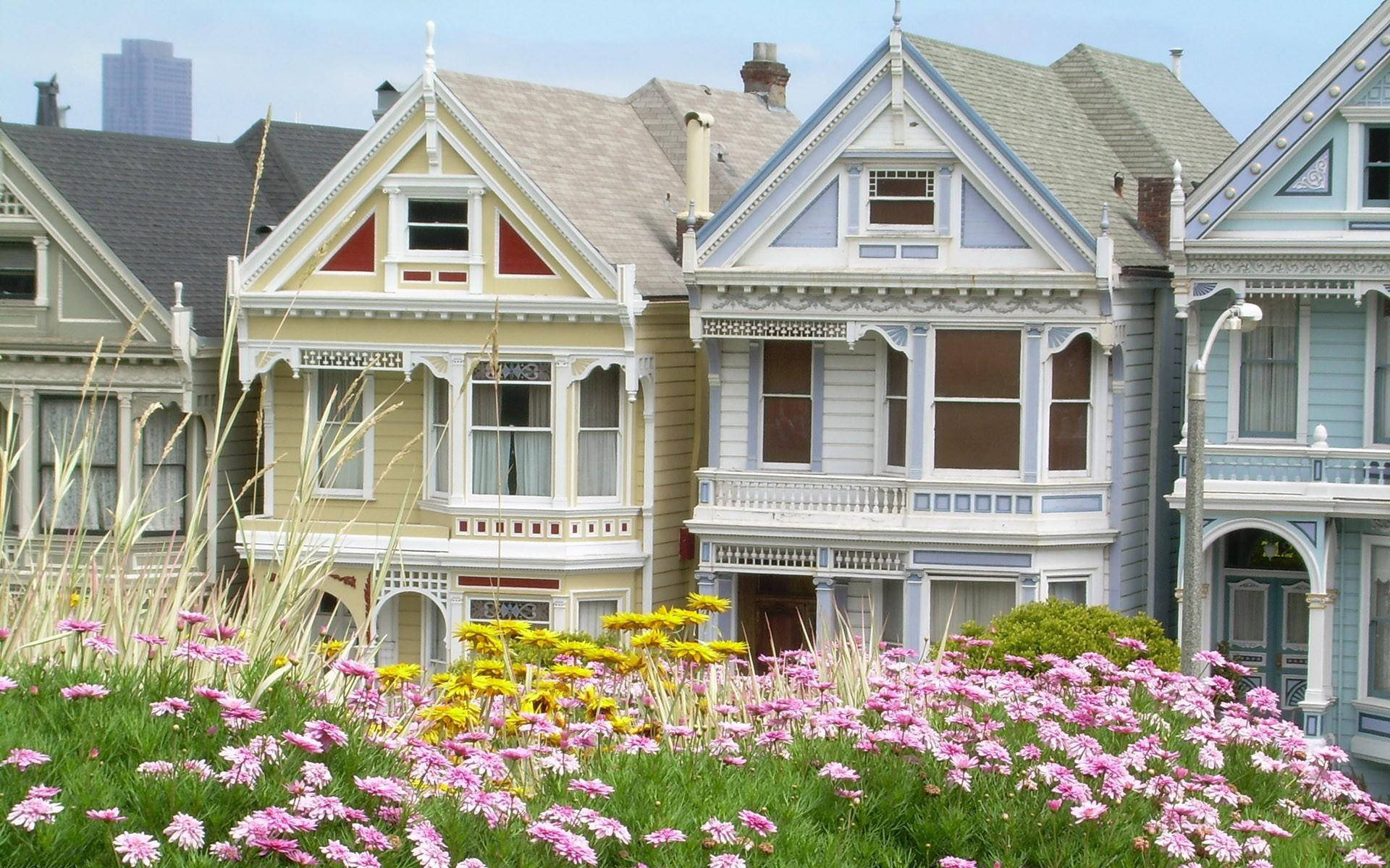 Victorian houses, ornate trim, pink wildflowers, Full HD Desktop Wallpaper