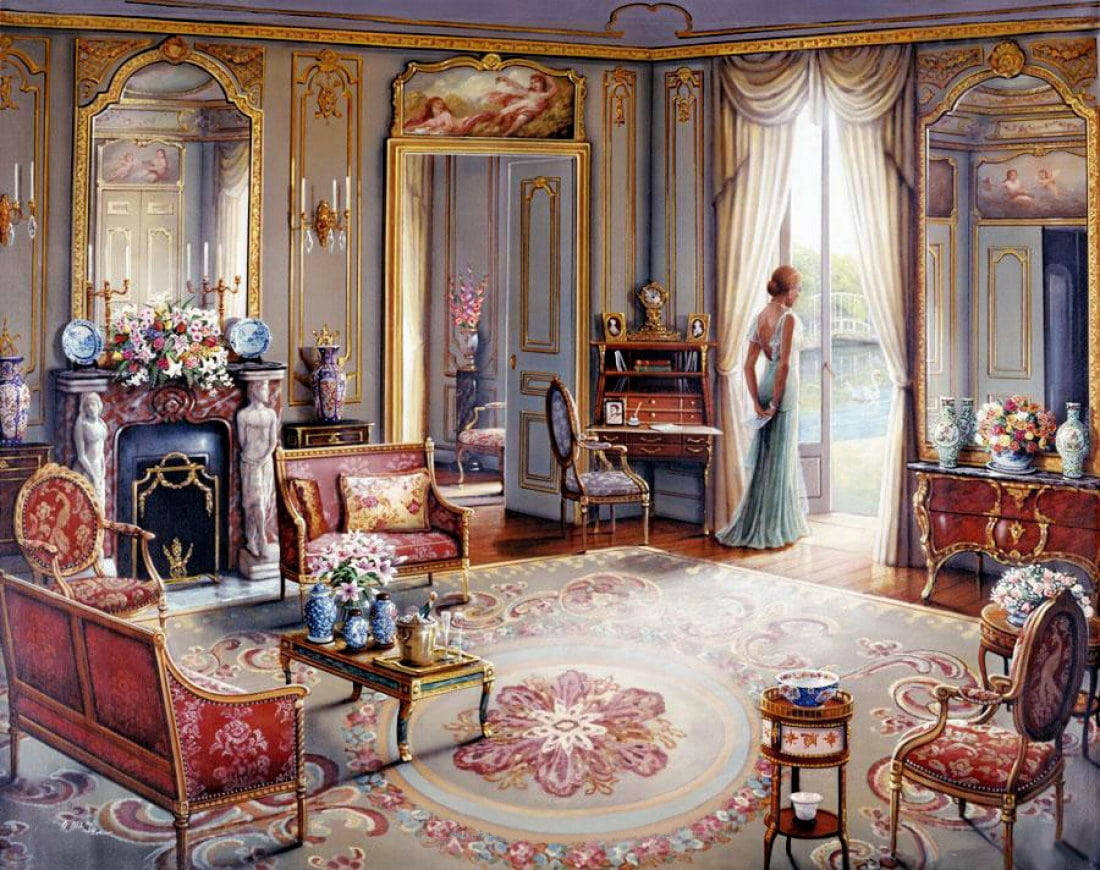 Victorian parlor, teal gown, ornate furniture, SD Desktop Wallpaper