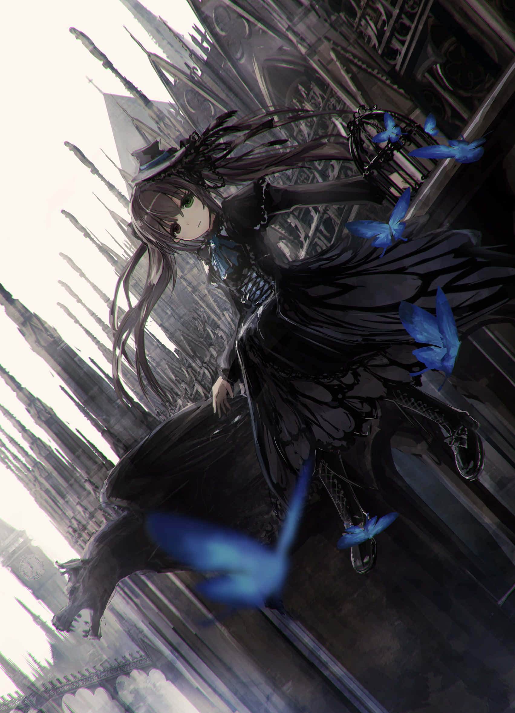 gothic costume, black gothic dress, glowing blue butterflies, Full HD Phone Wallpaper