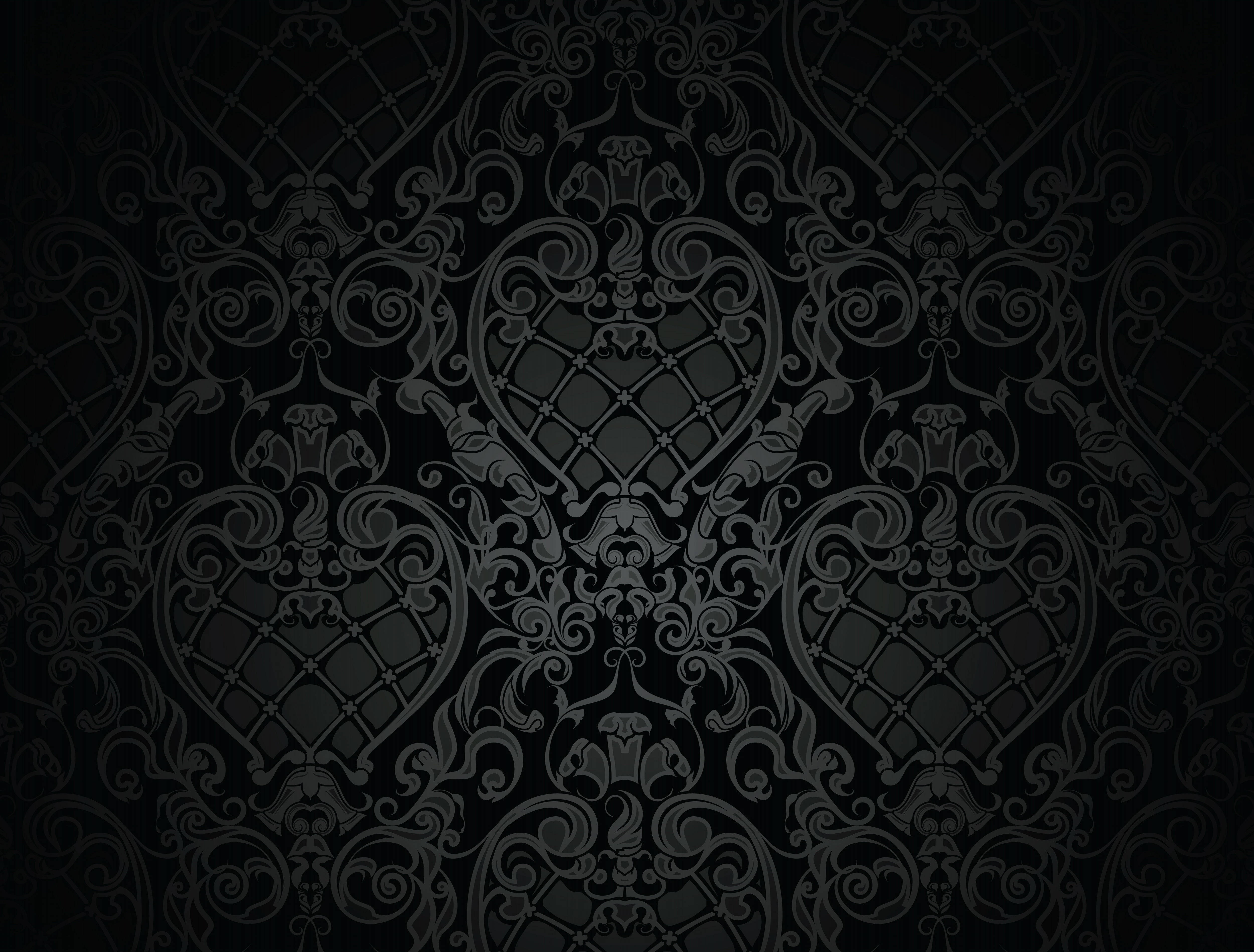 Classic Black Victorian Floral, dark damask pattern, intricate swirling motifs, 4K Desktop Wallpaper
