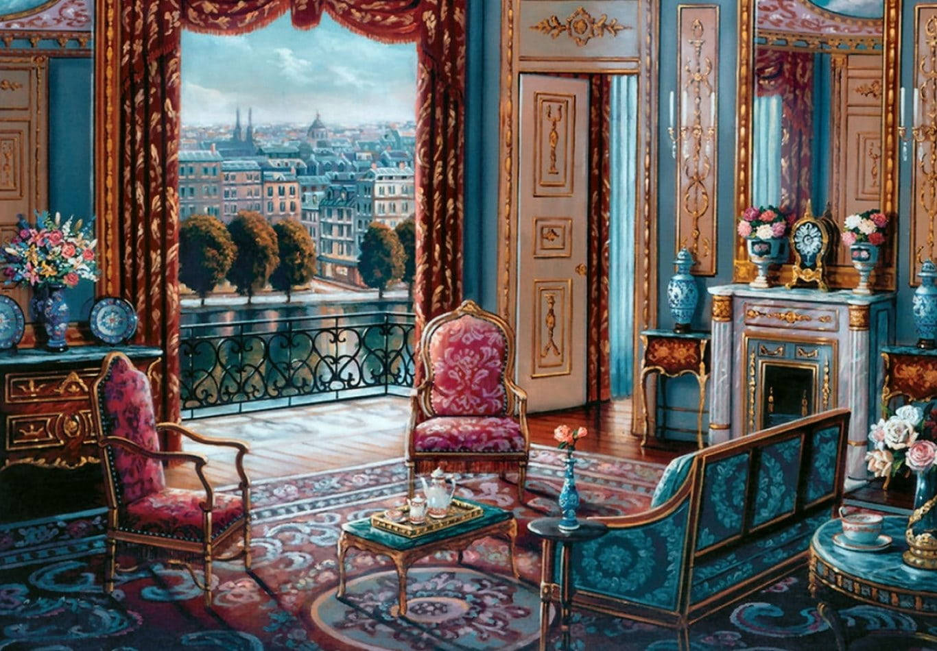 Victorian Sitting Room Painting, gilded furniture, red damask drapes, HD Desktop Wallpaper
