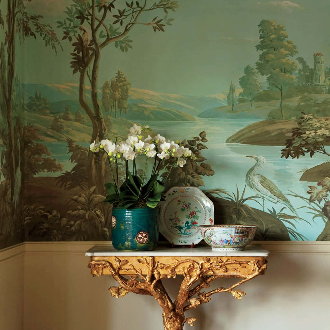 golden console table, white orchids, porcelain, SD Desktop Wallpaper