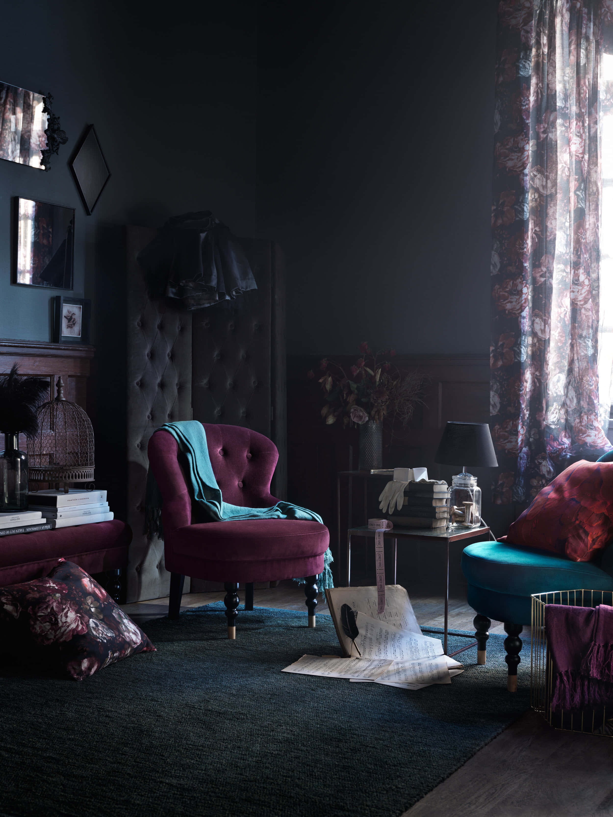 vintage living room, deep plum armchairs, teal accents, 2K Phone Wallpaper