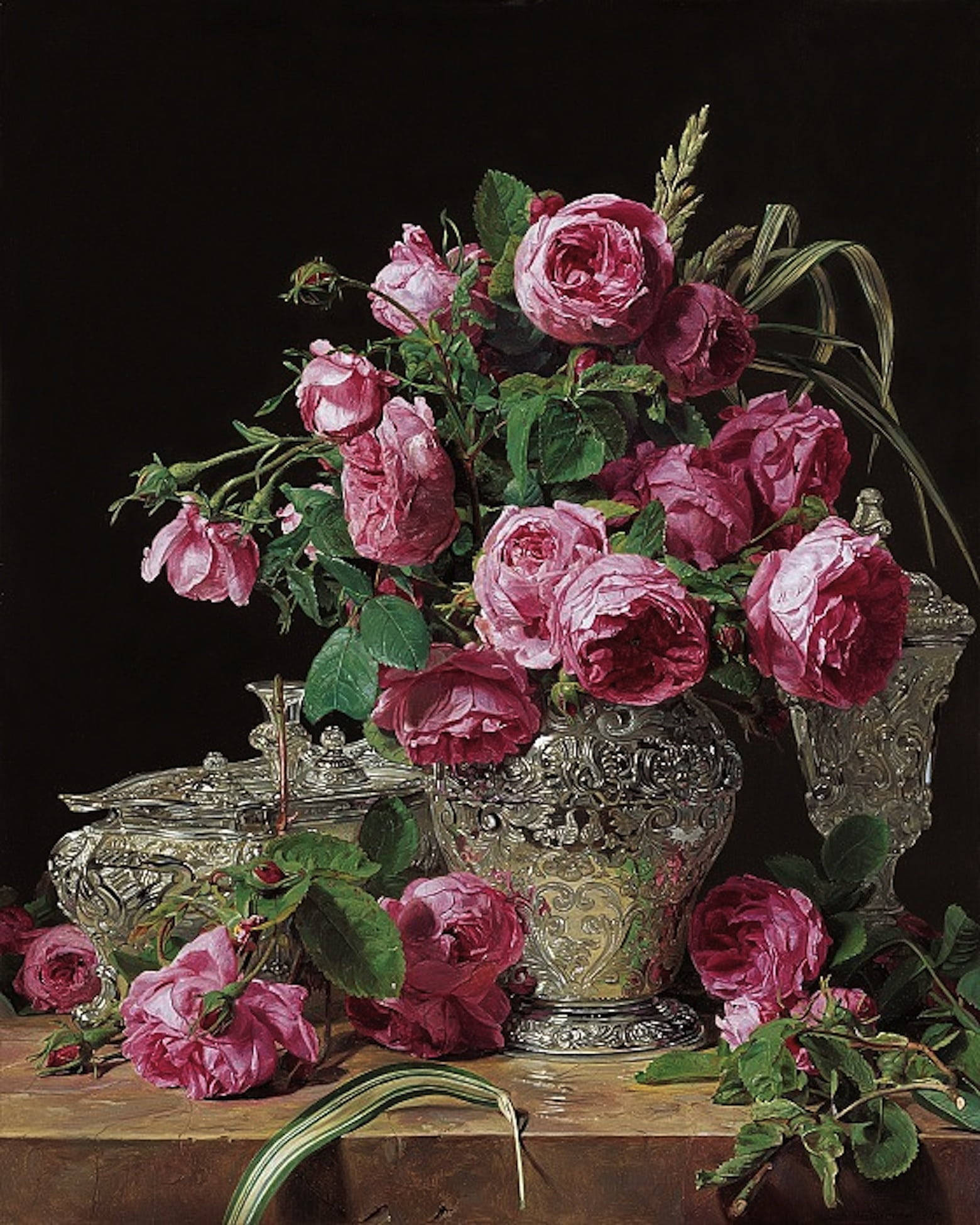 antique victorian vase, deep pink roses, ornate silver vase, Full HD Phone Wallpaper
