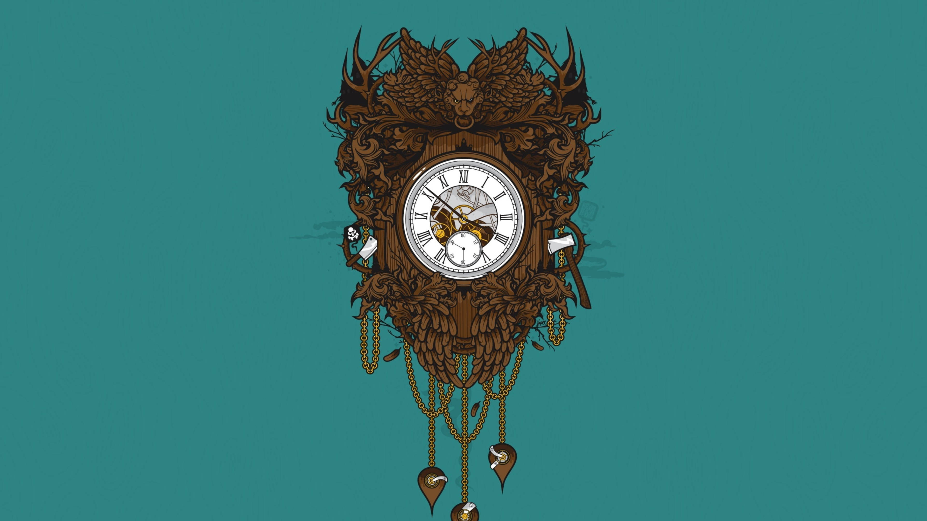 Victorian decorative wall clock, antlered owl, exposed gears, 4K Desktop Wallpaper
