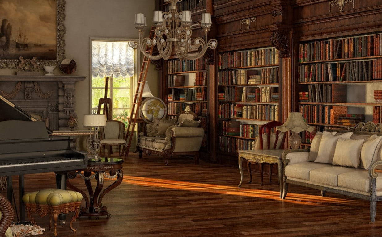 Victorian home library, dark wood bookshelves, ornate furniture, SD Desktop Wallpaper