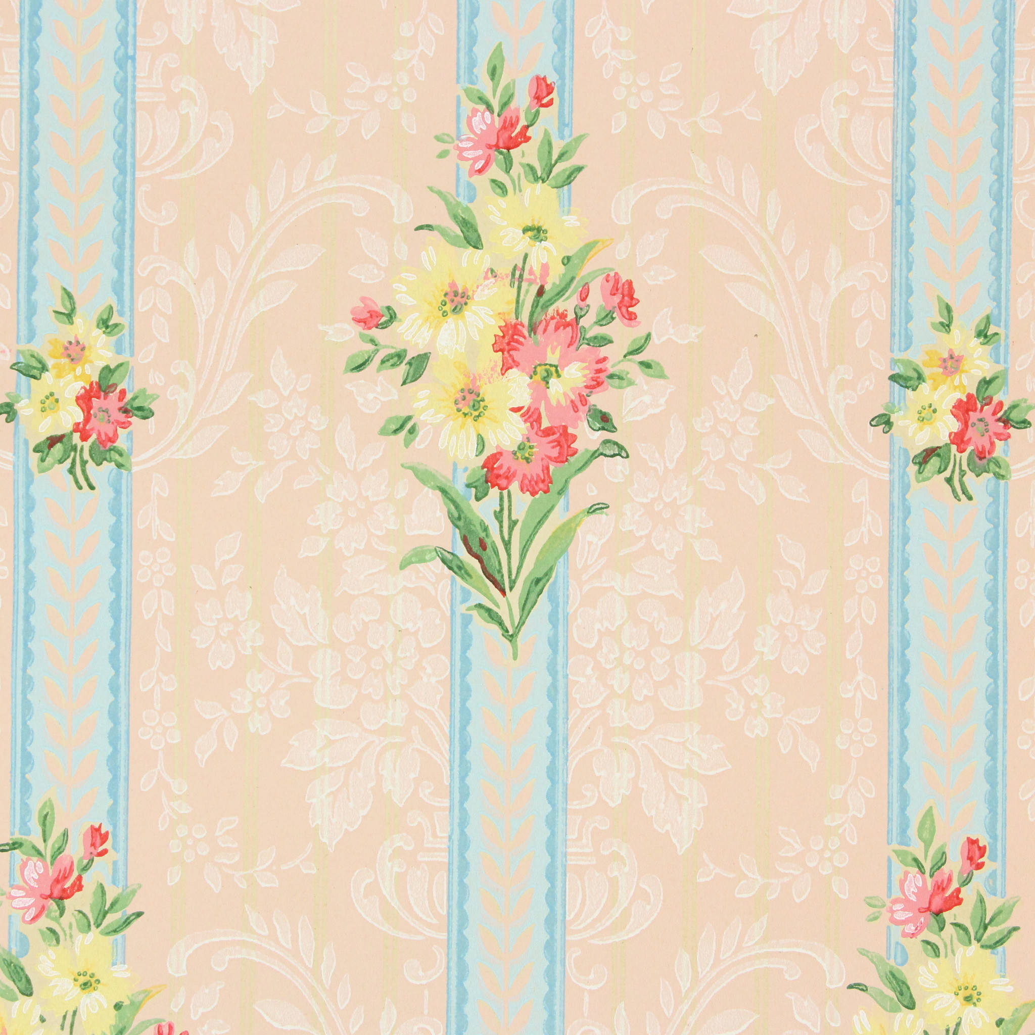 vintage victorian flowers, pink yellow and blue flowers, ornate vertical stripes, Full HD Desktop Wallpaper
