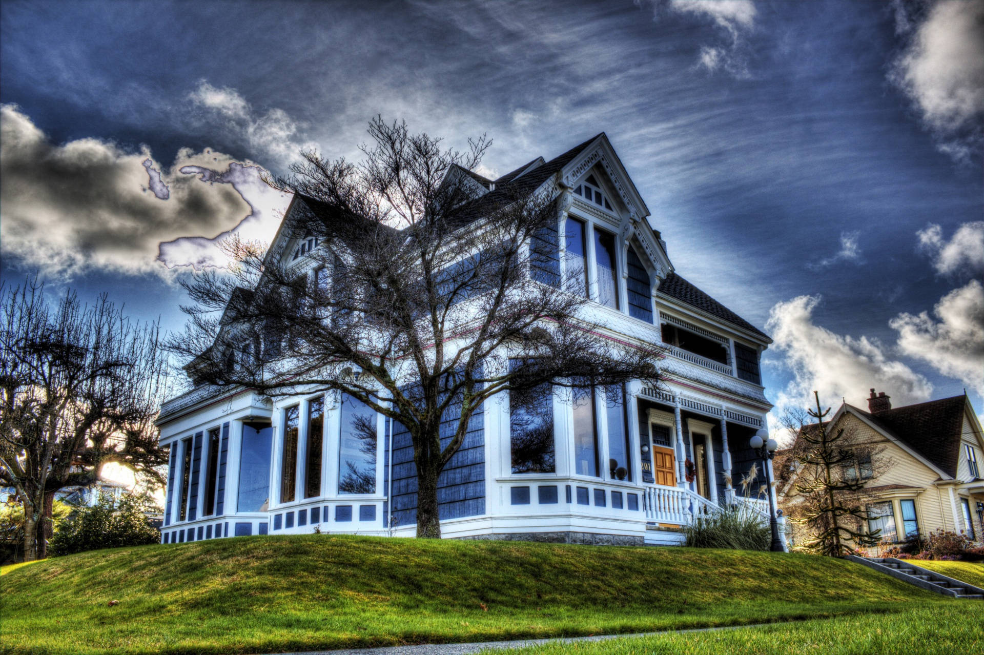 blue Victorian house, white trim, grassy hill, Full HD Desktop Wallpaper