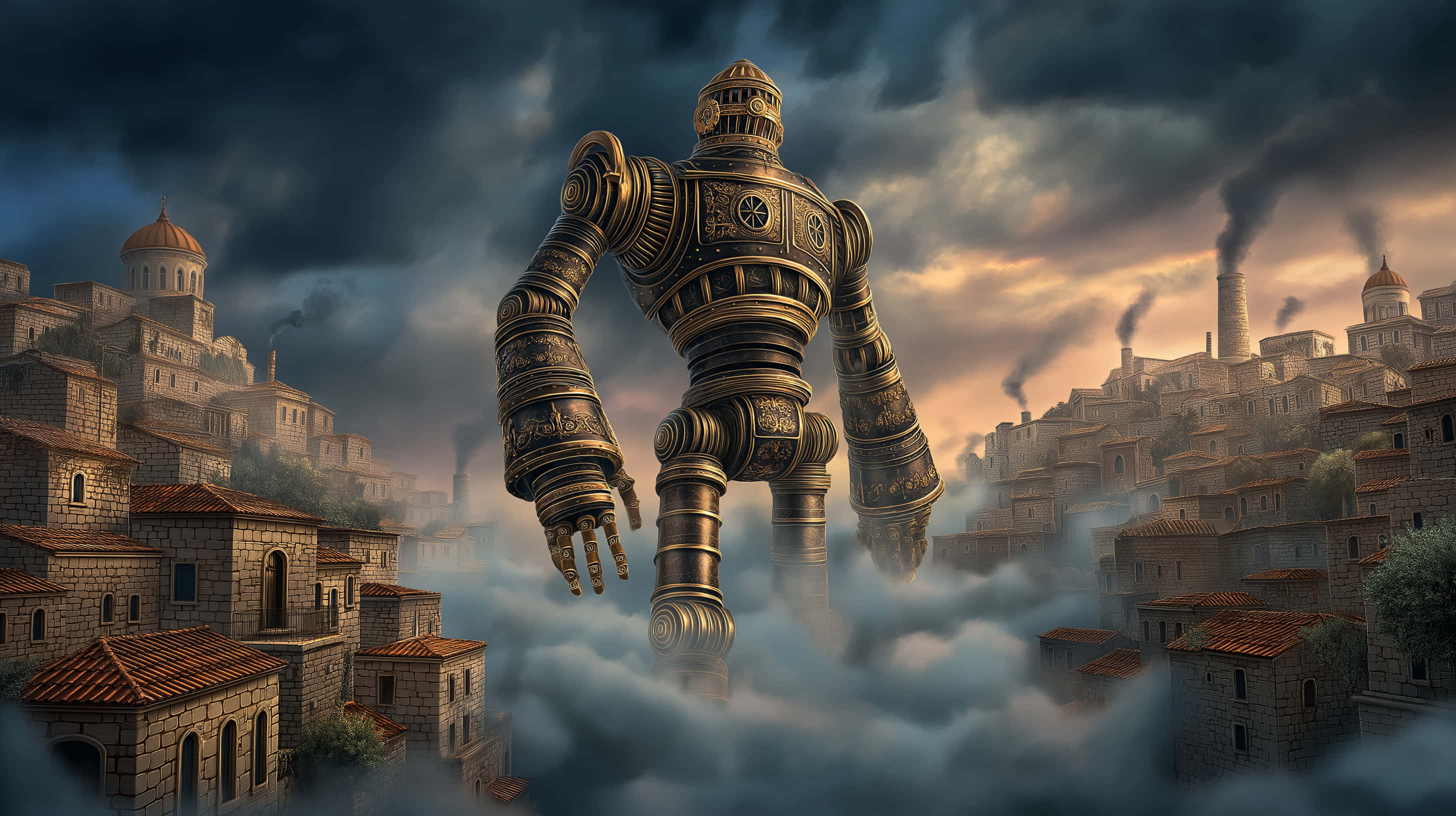 gigantic steampunk robot, brass robot, stone city, 2K Desktop Wallpaper